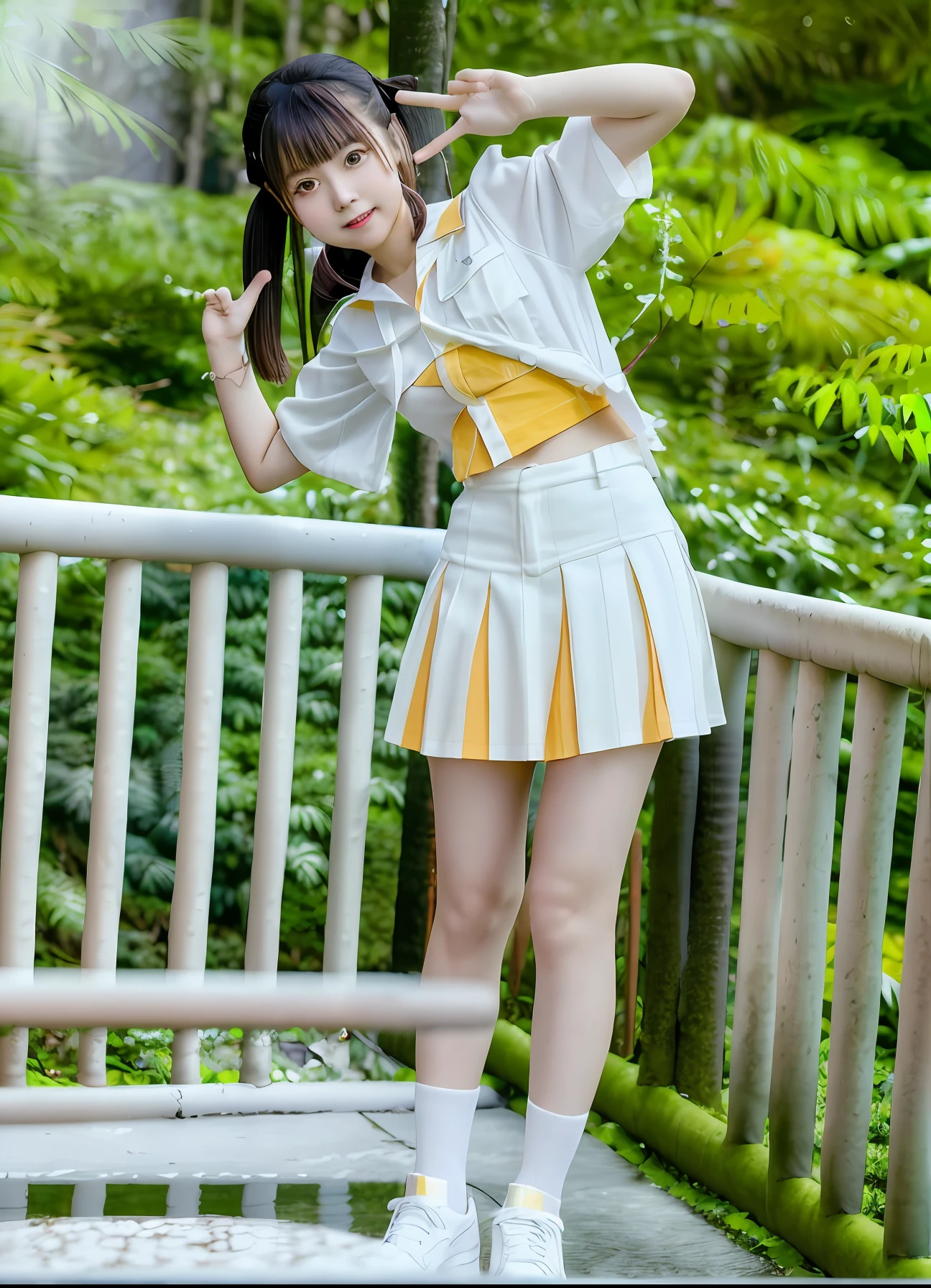arafed woman in a skirt and white shirt posing for a picture, xintong chen, Anime Thai girl, shaxi, Chinese girl, young and cute girl, wearing honey - themed miniskirt, chiho, satisfied pose, Korean girl, young pretty gravure idol, shikamimi, in jungle forest !!!, 3D anime style