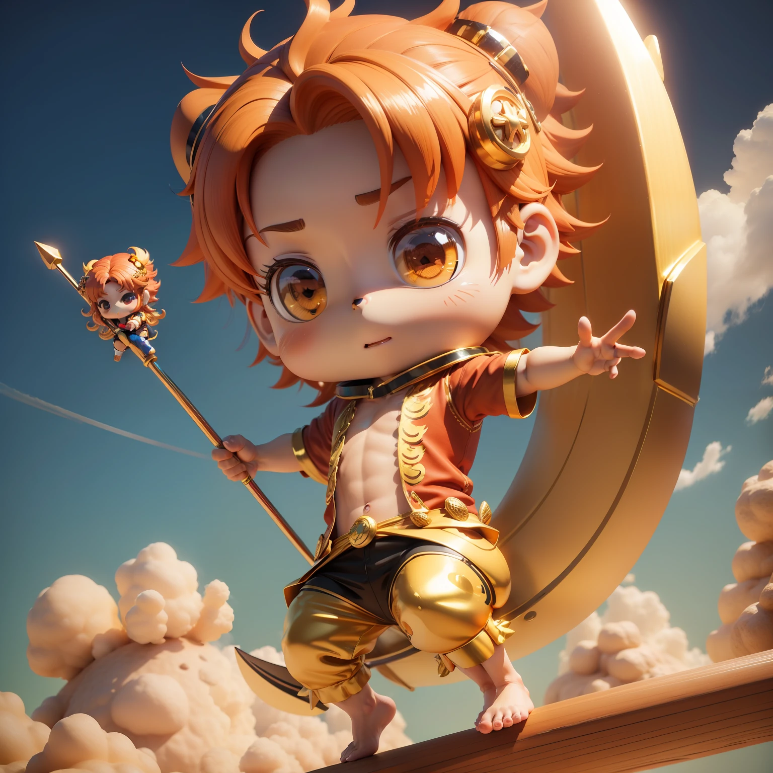 (((Chibi 3D)))an animated character🐒,Golden metal hair ornament on his head,Red and yellow Tang costume Han style,Have a long pole with decoration,Riding the clouds
