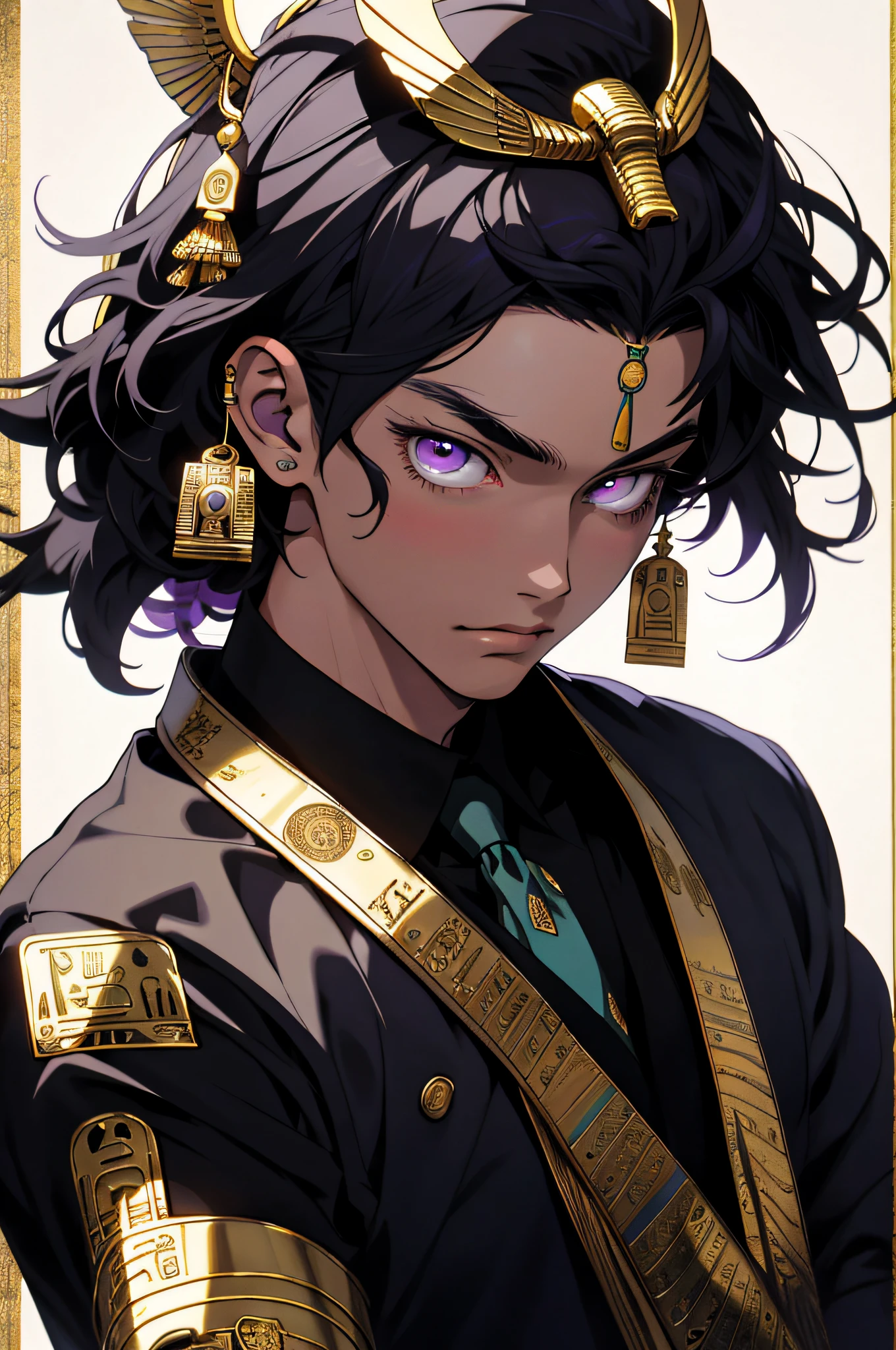 realisticlying,(tmasterpiece,top Quority,best qualtiy,offcial art,),The is very detailed,Most detailed,,(1boy:1.3),Kamimei,Black color hair,(luminescent purple eyes),mistic,(magia),Handsome man,((egyptian style)),head gear,Gold ornaments,bandagens,pharoah