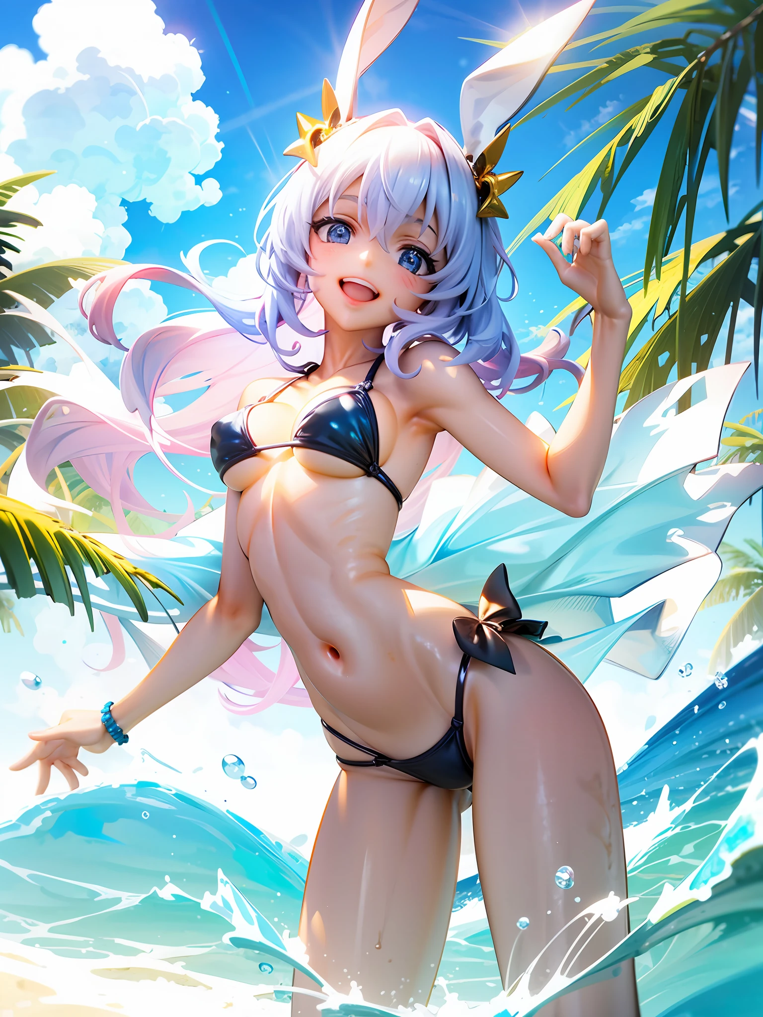 1girl, beautiful eye, smile, sun-kissed bunny girl Ayanami Rei, laughing, thin eyebrows, high-exposure frilly bikini revealing underboob, short, wavy light purple hair highlighted by the sun and sea, eyes reflecting the joy of the beach, pose frolicking in the surf, short fluffy bunny tail, long bunny ears with a bow, sunny beach in the background, blue sky dotted with fluffy white clouds, sand beneath her feet, sea waves washing over her toes, the sun casting a deep golden glow on her tanned skin, distinct contrast between her sun-tanned skin and the untouched skin under her bikini, her laughter carried on the sea breeze, splashes of water around her, her bikini shimmering with droplets of seawater, a beach ball at her side, seagulls overhead, her figure silhouetted against the bright beach scene, shadows creating an appealing contrast with her sun-kissed skin, hair fluttering in the sea breeze, vibrant hues of her bikini standing out against the blues and whites of the beach, grains of sand clinging to her skin, glistening with the touch of seawater, her joyful expression inviting a sense of summer freedom, her stance embodying the carefree spirit of summer, her figure standing out in the playful chaos of the beach, the sea breeze teasing the frills of her bikini, sun, sand, sea, and the carefree bunny girl, the embodiment of a perfect beach day,