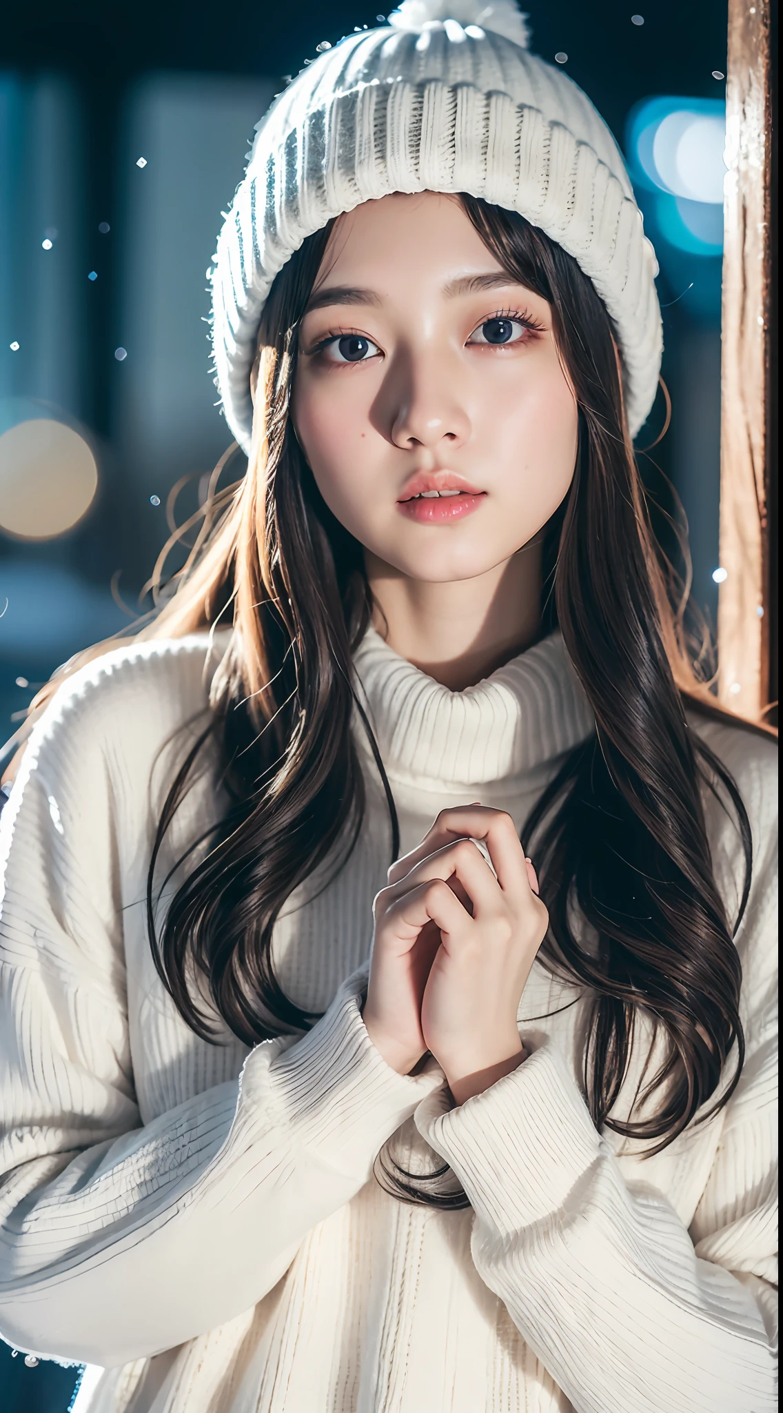 ulzzang-6500-v1.1, (raw photo:1.2), (photorealistic:1.4), beautiful detailed girl, very detailed eyes and face, beautiful detailed eyes, ridiculous, incredibly ridiculous, huge file size, super detailed, high resolution, very detailed, best quality, masterpiece, kemomimi, ((Japanese girls' the Winterswear and Beanie)), illustration, very detailed, CG, unified, 8k wallpaper, amazing, Fine details, masterpiece, best quality, very detailed CG uniform 8k wallpaper, light on face, cinematic lighting, 1girl, , ((dynamic pose)), winter background with snow,