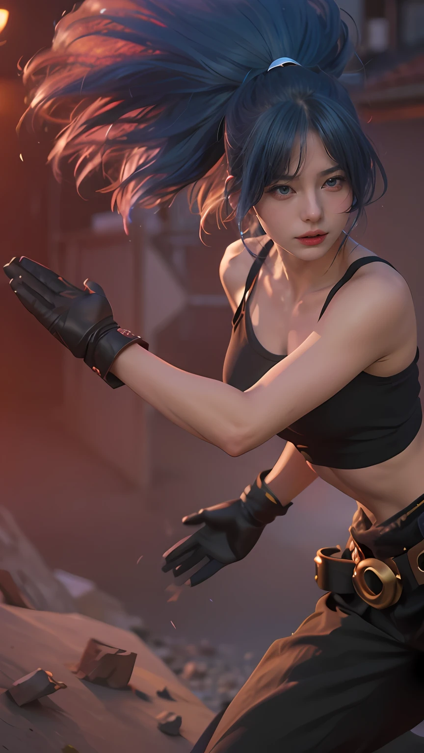 (8k, best quality, masterpiece:1.2), (realistic, photo-realistic:1.37), ultra-detailed,
A detailed portrait of 2 girl 21 year old girl, fantasy character, blue eyes, blue hair color, detail face, pale skin, perfect abs, face facing the camera, wearing black tanktop. The scene is illuminated with professional lighting, photon mapping, and radiosity, with Tetsuya Nomura Style and a japanese feel, Leona KoF cosplay, The King of Fighters. In the dark japanese village background with blur or bokeh effect, neon details, realistic light.