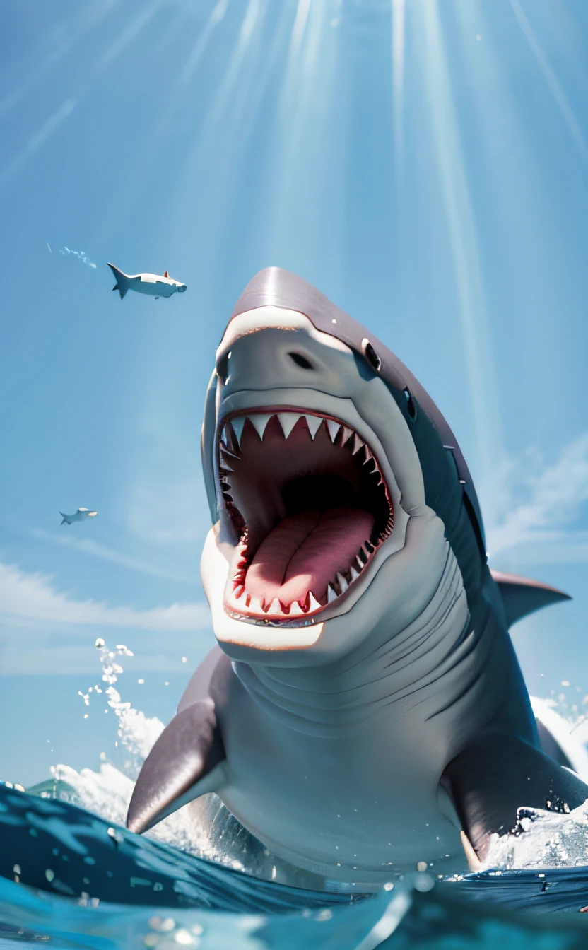 megalodon,frontage,4K,Ferocious,Sharp teeth,the shark,adolable,Emerge from the water