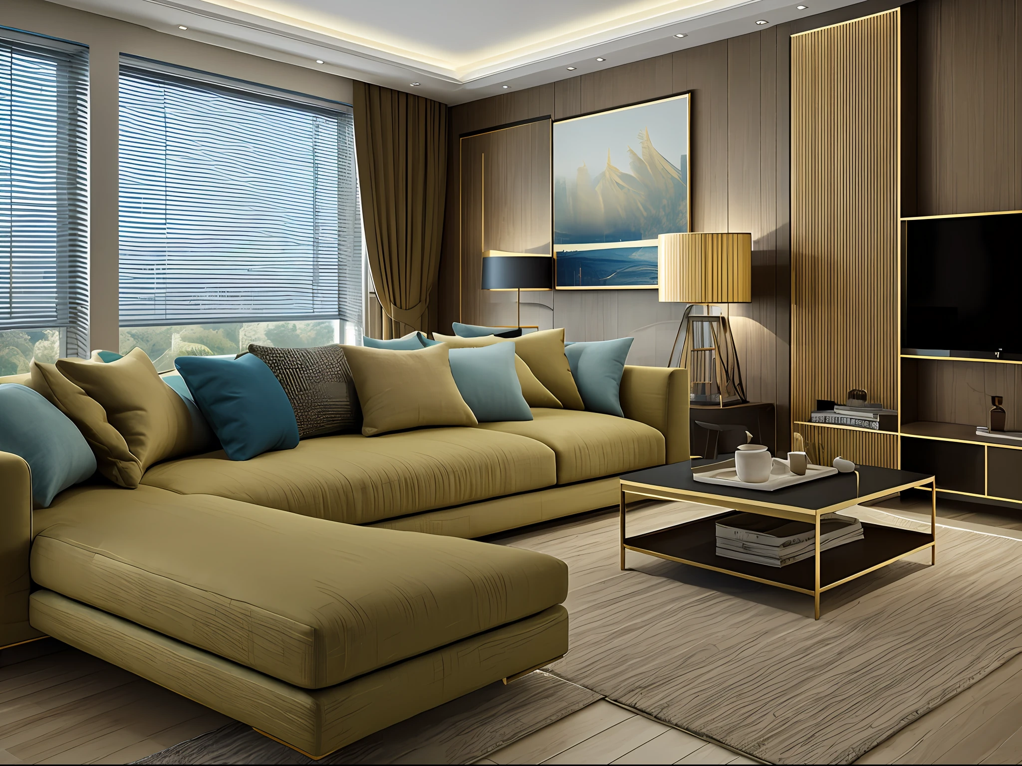 Ultra photo realsisim， tmasterpiece， best qualtiy， ultra - detailed， 超高分辨率， RAW photogr， 8K， Modern living room，（Fabric sofa），（Fabric pillows），Stone opaque resin panel，Brown and white，posh，Charming lighting style，Light gold and light black，Li Shuxing，A fusion of tradition and modernity，Soft atmospheric light，Hard-edged lines，（janelas），Fabric blinds，blue-sky，1 black TV， tmasterpiece，Ultra photo realsisim，32K，Extremely detailed CG unifies 8K wallpapers，best qualtiy