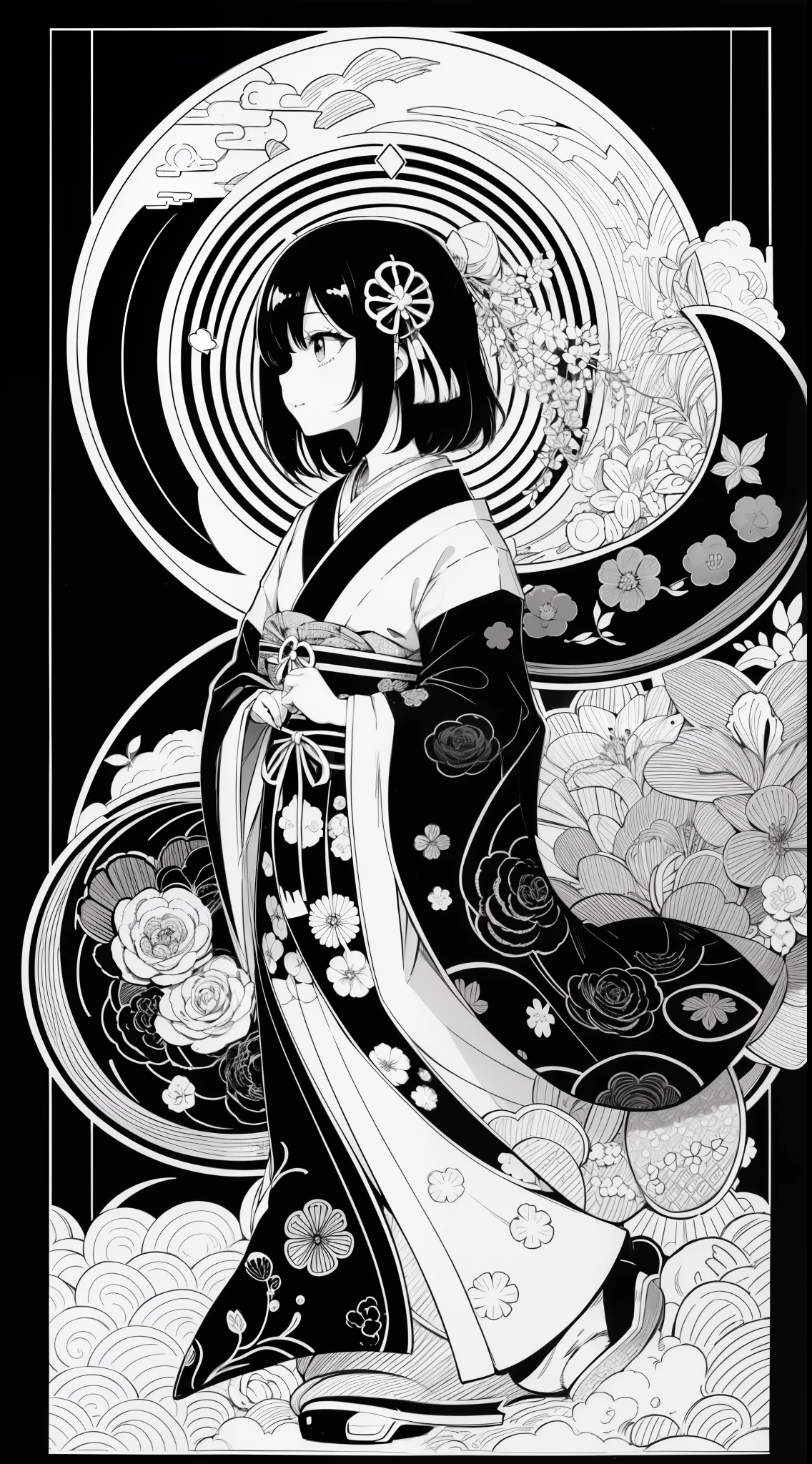 Japanese Anime Kawaii coloring pages in black and white for children. Easy to color for kids. Japanese line art