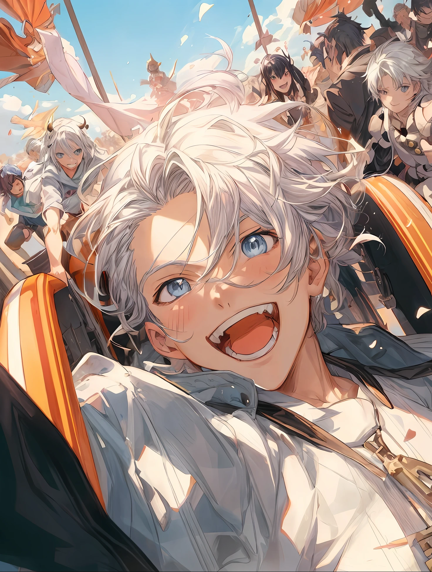 anime guy with white hair and blue eyes riding a roller, expressing joy. by krenz cushart, trending on artstation pixiv, exciting illustration, detailed key anime art, white hair floating in air, smileing nright, handsome guy in demon slayer art, insane smile, key anime art, detailed anime character art, kawacy, xqc