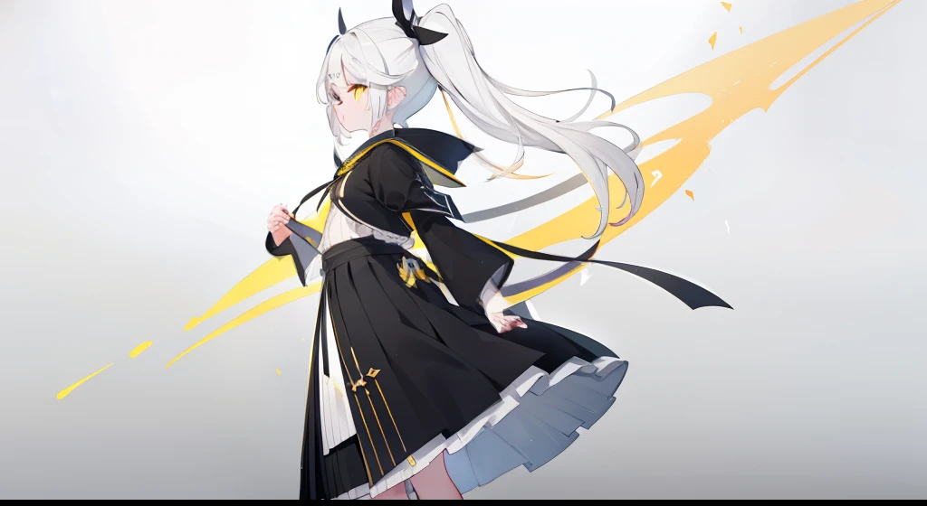 One girl、Angle from the side、white hair、Half Twin Tail、yellow eyes、masterpiece、top-quality、Top image quality、Long skirt、pleatedskirt、Solid color background、Gradient background、stele、black ribbon on the head、