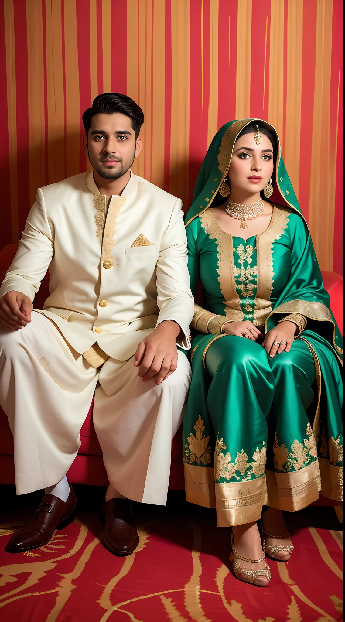 couple sitting on a couch in front of a colorful backdrop, lovely couple, well edited, very very low quality picture, happy couple, couple, khyzyl saleem, wearing traditional garb, profile pic, wedding photo, ash thorp khyzyl saleem, wedding, by Riza Abbasi, kyza saleem, bride and groom
