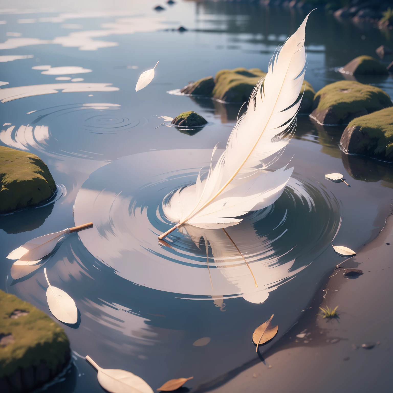 White feather lying on the water.