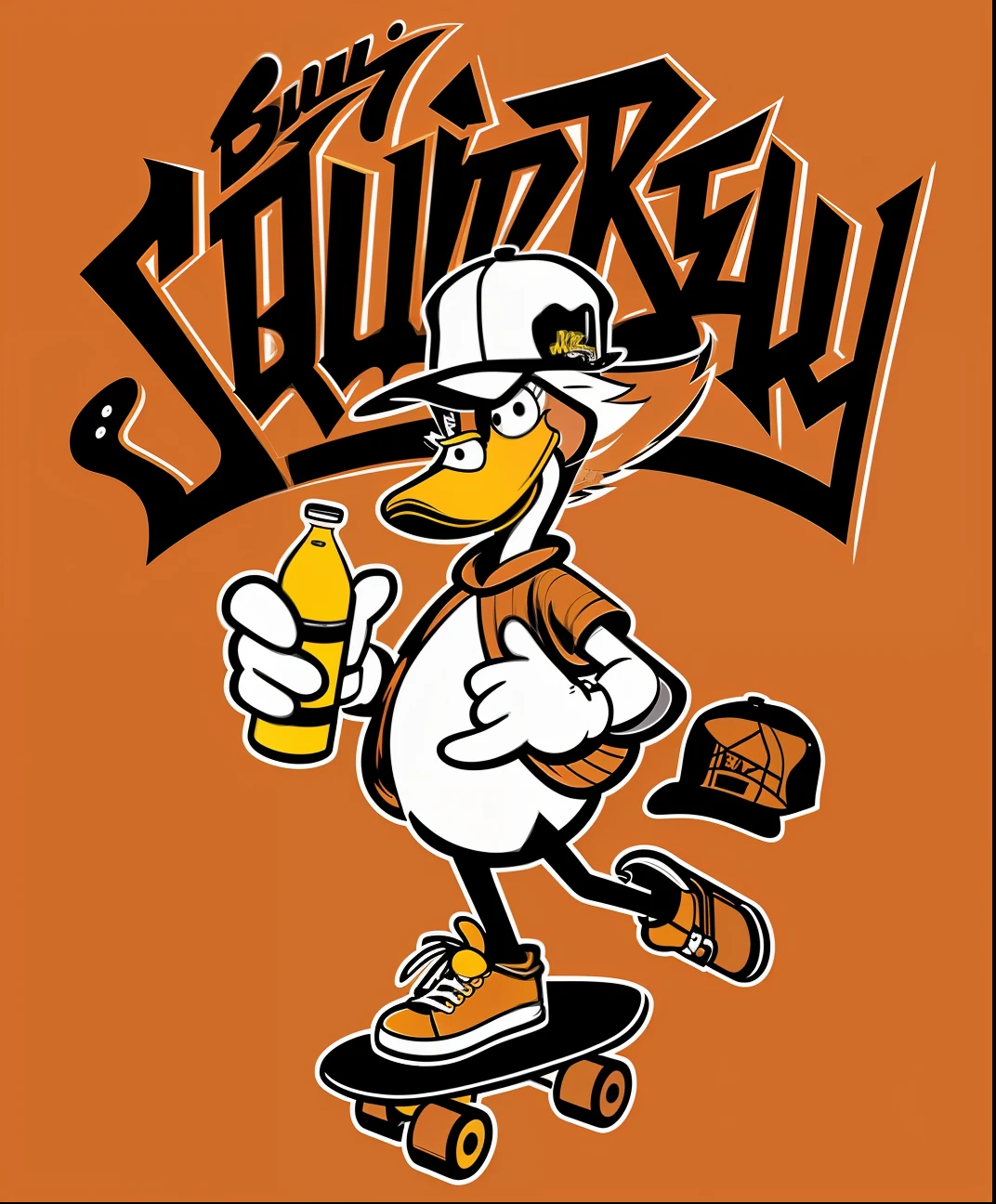 Duckling skateboard with hat and baseball cap, grittiness!!!, quackery, daffy duck, Grit coloring, grittiness, inspired by Tim Biskup, super realistic gritty, inspired by Tex Avery, ren and stimpy style, Gritty and noisy, loony tunes style, Resilient Diutopia, sfv, Inspired by Paul Fili