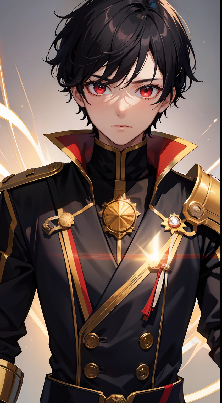 Young guy, short black hair, The eyes are red, Royal Uniform, The Infinity Gauntlet, Masterpiece, hiquality