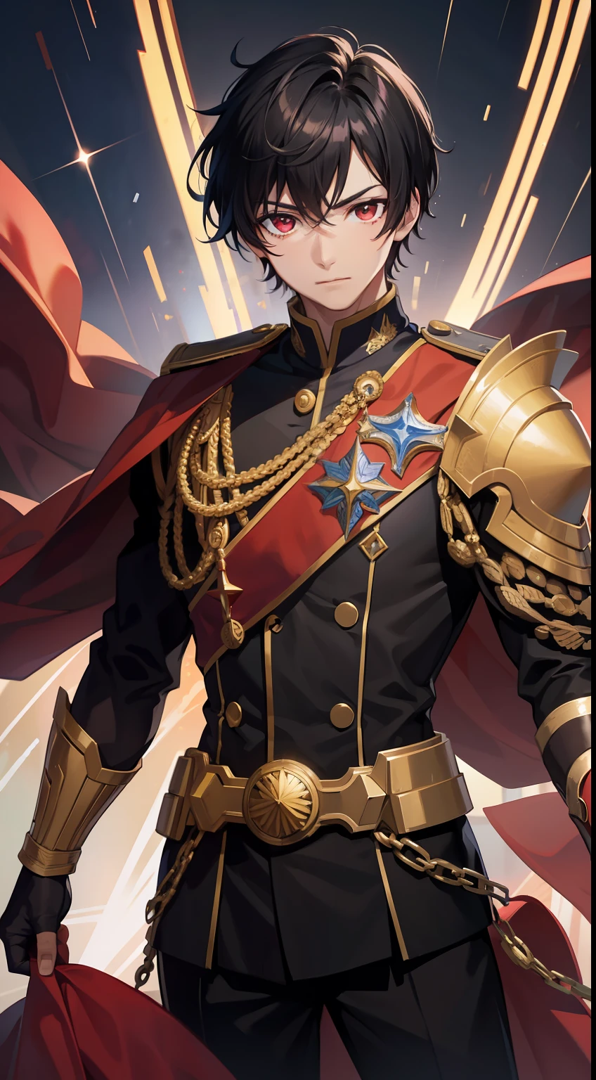Young guy, short black hair, The eyes are red, Royal Uniform, The Infinity Gauntlet, Masterpiece, hiquality