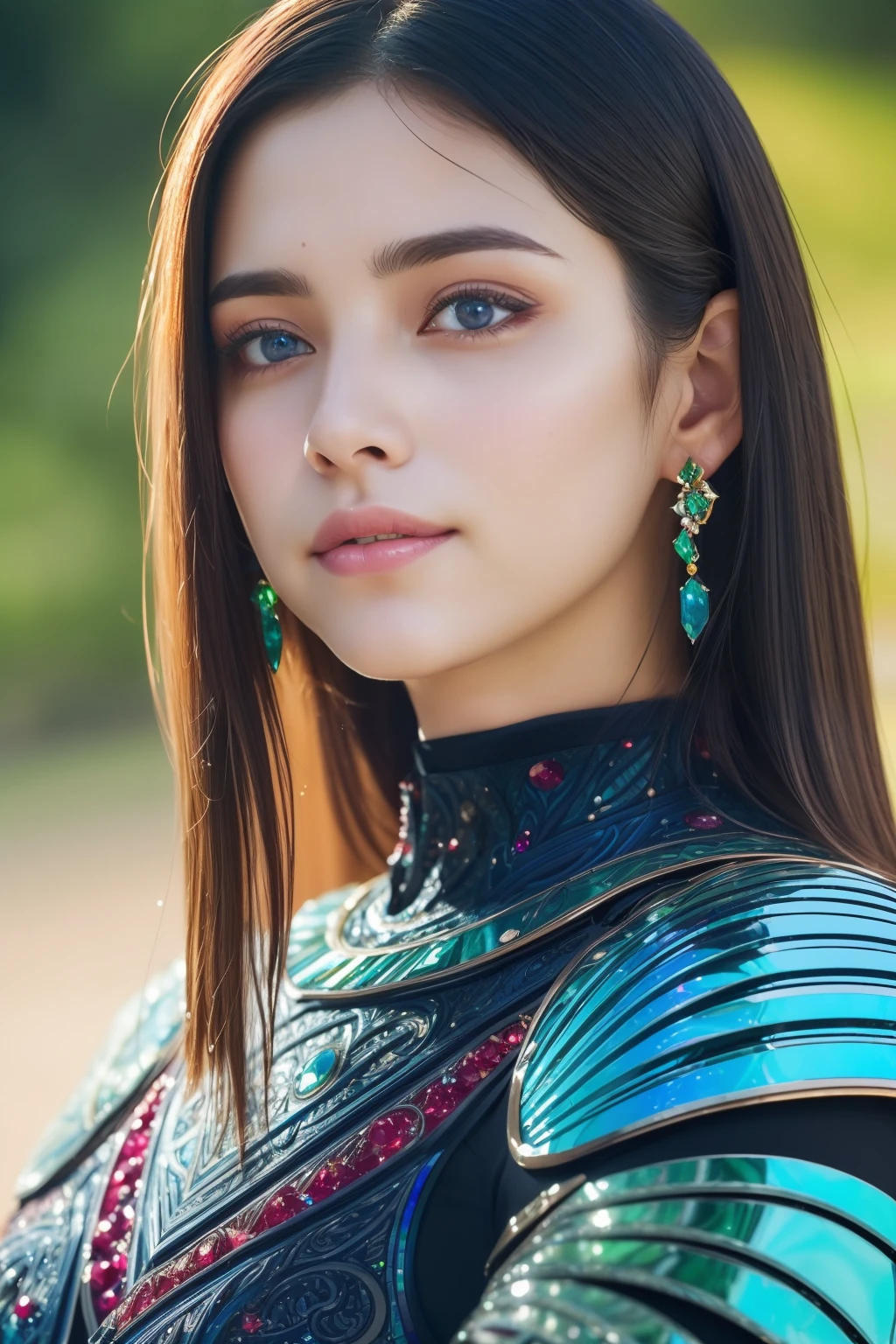(fashion model posing:1.5), (1 Saudi Arabian girl:1.2), (looking at viewert:1.4),(intimate:1.4), Photorealistic, offcial art, Unity 8k wallpaper, Ultra detailed, Beautiful and aesthetic, Best quality,(only face:1.4), (Upper body:1.4),( focus face:1.5),From the front side, magister, Magic Attacks, (Magic effects，Such as sparks or energy:1.1), flowing robes or enchanting attire, ((amazingly beautiful scenery:1.6)),Delicate, primitive, Light particles, (Detailed skin texture:1.2), Detailed cloth texture, Intricate details, Ultra detailed, Headgear, (Beautiful and d delicate ruby, topaz, emerald and sapphire jewelry:1.5), (showing armpit,:1.25), Seductive pose, (detailed large blue eyes:1.4), detailed thick eyebrows, The background is blurred out, blurryforeground, Depth of field, (detailed jet black straight hair:1.2), (Motion blur:1.1), (Highly detailed), Caustics, textile shading, Perfect anatomy,(com rosto detalhado:1.1), (beautiful face like (Emilia Clark:0.6) (Emma Watson:0.3),(Jennifer Conelly:0.4):1.3)(no-makeup:1.3),dark circles, (Detailed skin texture:1.2), (Pale skin:1.1), (hyper real skin:1.2), (venat:1.0) (diffused skin pores:0.85),(Moist skin:0.6) , (Flat chest:1.2), (small tits:1.1), 18yr old, (Seductive smile:1.1), (cheerfulness:1.1), Glad, (Kaihuai:1.3), slim toned body, (intricated colorful fractal designed tight bodysuit:1.28), (wearing iridescent knight full armor:1.29),(zentangle, mandalas, Tangled, entangle:0.98),(Fractal art:0.9)(fluttered detailed color splashes:1.1),(Marbling:1.1), (beautiful and delicately engraved gauntlets:1.48) beautiful tits, Pubic hair, (vulgarity:1.10), Sexy, sweet breath, soggy, (ecstasy:1.1),  (white irises:1.11), (VMPR:1.11), (long canine teeth:1.1)