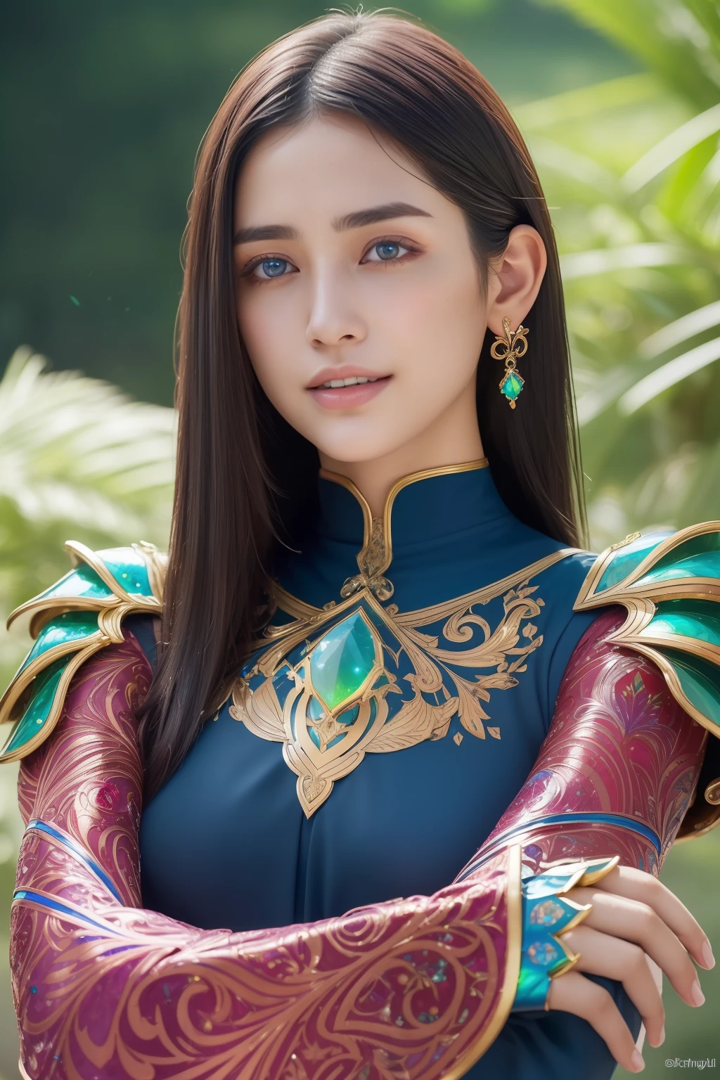 (fashion model posing:1.5), (1 Saudi Arabian girl:1.2), (looking at viewert:1.4),(intimate:1.4), Photorealistic, offcial art, Unity 8k wallpaper, Ultra detailed, Beautiful and aesthetic, Best quality,(only face:1.4), (Upper body:1.4),( focus face:1.5),From the front side, magister, Magic Attacks, (Magic effects,Such as sparks or energy:1.1), flowing robes or enchanting attire, ((amazingly beautiful scenery:1.6)),Delicate, primitive, Light particles, (Detailed skin texture:1.2), Detailed cloth texture, Intricate details, Ultra detailed, Headgear, (Beautiful and d delicate ruby, topaz, emerald and sapphire jewelry:1.5), (showing armpit,:1.25), Seductive pose, (detailed large blue eyes:1.4), detailed thick eyebrows, The background is blurred out, blurryforeground, Depth of field, (detailed jet black straight hair:1.2), (Motion blur:1.1), (Highly detailed), Caustics, textile shading, Perfect anatomy,(com rosto detalhado:1.1), (beautiful face like (Emilia Clark:0.6) (Emma Watson:0.3),(Jennifer Conelly:0.4):1.3)(no-makeup:1.3),dark circles, (Detailed skin texture:1.2), (Pale skin:1.1), (hyper real skin:1.2), (venat:1.0) (diffused skin pores:0.85),(Moist skin:0.6) , (Flat chest:1.2), (small tits:1.1), 18yr old, (Seductive smile:1.1), (cheerfulness:1.1), Glad, (Kaihuai:1.3), slim toned body, (intricated colorful fractal designed tight bodysuit:1.28), (wearing iridescent knight full armor:1.29),(zentangle, mandalas, Tangled, entangle:0.98),(Fractal art:0.9)(fluttered detailed color splashes:1.1),(Marbling:1.1), (beautiful and delicately engraved gauntlets:1.48) beautiful tits, Pubic hair, (vulgarity:1.10), Sexy, sweet breath, soggy, (ecstasy:1.1), (white irises:1.11), (VMPR:1.11), (long canine teeth:1.1)