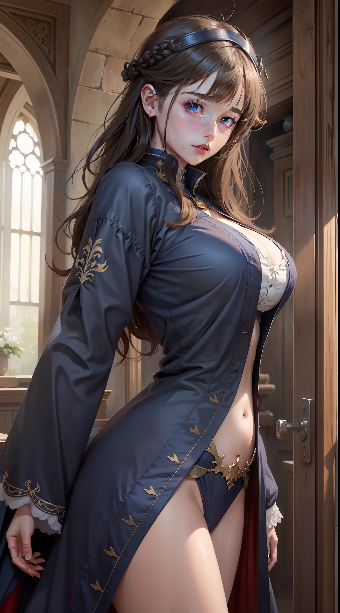 jk, big breasts beautiful,is shy,whaite hair,Dark blue eyes,blue surcoat,Half realistic
