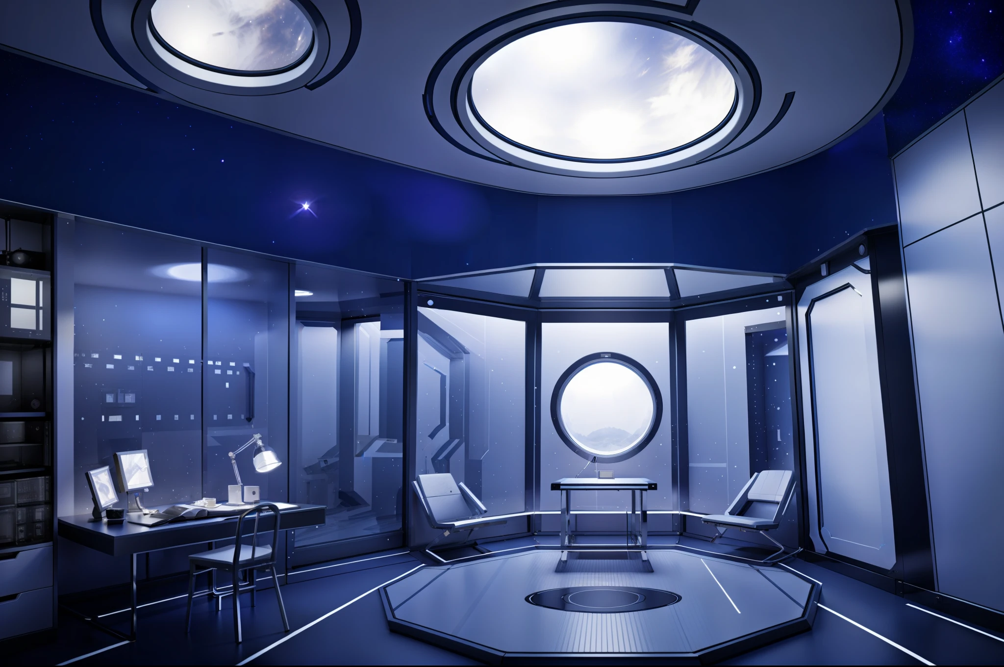Inside the space station room in space,in a panoramic view,wide angles,extreme hight detail,inside in room,Space capsule,Partial glass skylight,Tech panel screens and glass,makina,Sci-fi,conceptual,Reflective,circuit,Cluttered room,a desk,a chair,interior setting,metal floor,janelas,dining room,metal gate,lamplight。