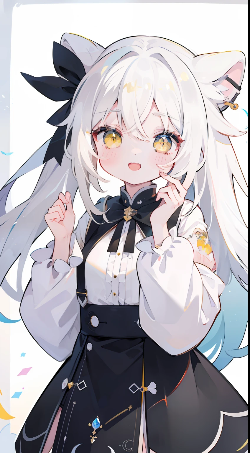 One Girl、Get off your hands、white hair、full bodyesbian、Single-color background、stele、gradient background、cute little、Twin-tailed、black ribbon on the head、yellow eyes、masterpiece、Top image quality、top-quality、laugh、double tooth、smile