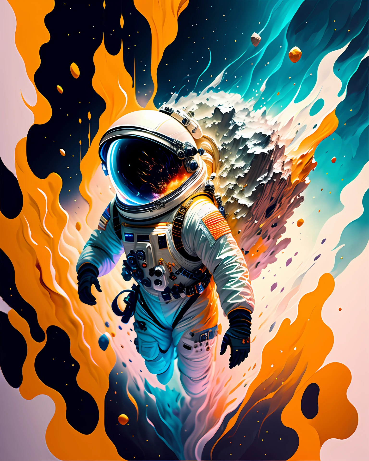 astronaut, climbing the asteroid, character render, ultra high quality model, ethereal background, abstract beauty, explosive volumetric, oil painting, heavy strokes, paint dripping