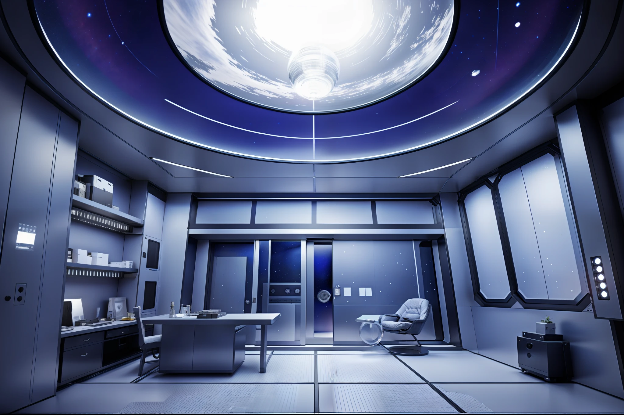 Inside the space station room in space,in a panoramic view,wide angles,extreme hight detail,inside in room,Space capsule,Partial glass skylight,Tech panel screens and glass,makina,Sci-fi,conceptual,Reflective,circuit,Cluttered room,a desk,a chair,interior setting,metal floor,janelas,dining room,metal gate,lamplight。