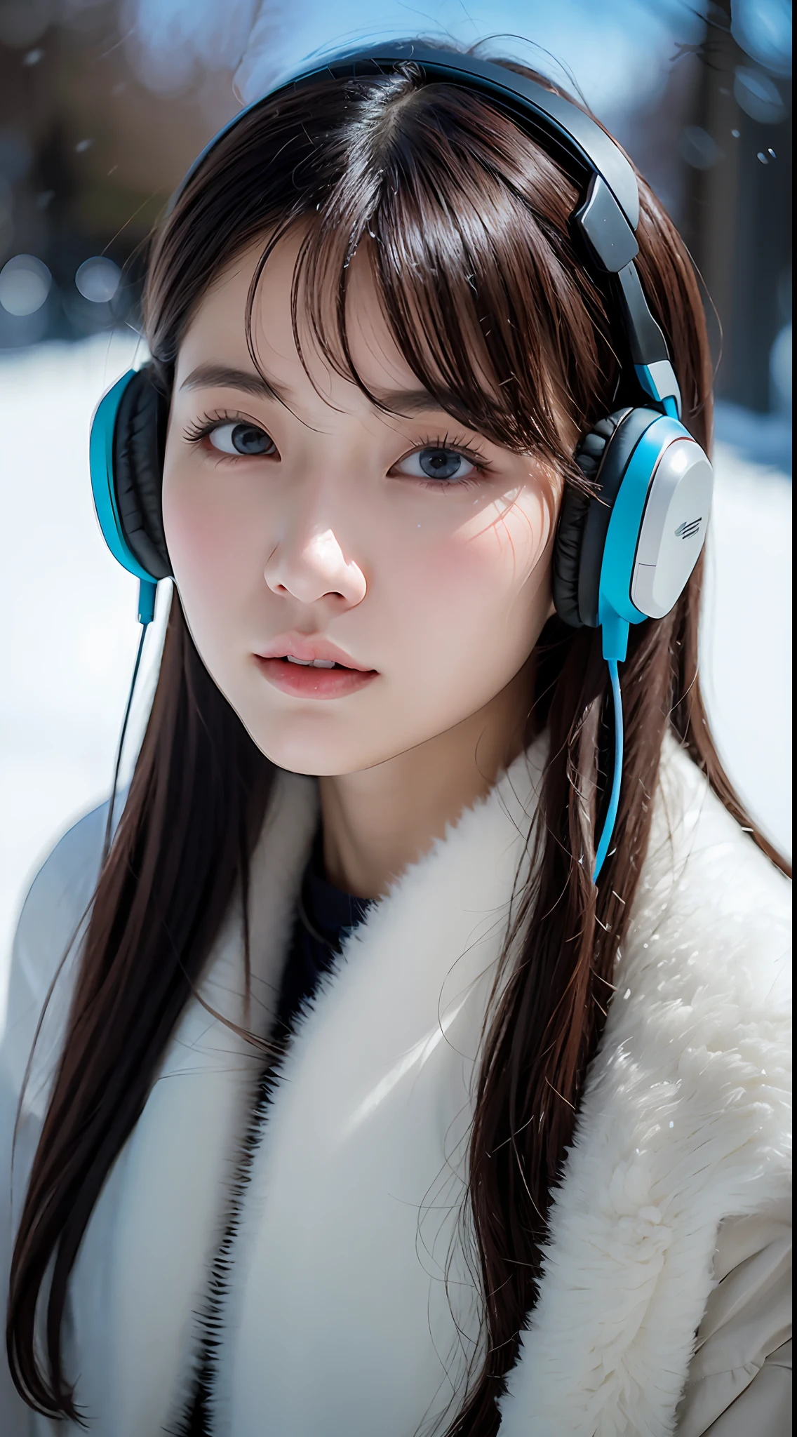 ulzzang-6500-v1.1, (raw photo:1.2), (photorealistic:1.4), beautiful detailed girl, very detailed eyes and face, beautiful detailed eyes, ridiculous, incredibly ridiculous, huge file size, super detailed, high resolution, very detailed, best quality, masterpiece, kemomimi, ((Japanese girls' the Winterswear and thermal headphones)), illustration, very detailed, CG, unified, 8k wallpaper, amazing, Fine details, masterpiece, best quality, very detailed CG uniform 8k wallpaper, light on face, cinematic lighting, 1girl, , ((dynamic pose)), winter  background with snow,
