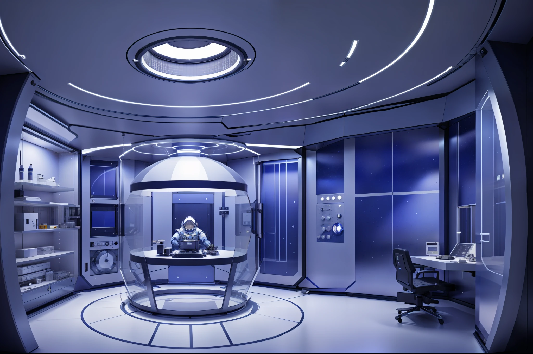 Inside the space station room in space,in a panoramic view,wide angles,extreme hight detail,inside in room,Space capsule,Partial glass skylight,Tech panel screens and glass,makina,Sci-fi,conceptual,Reflective,circuit,Cluttered room,a desk,a chair,interior setting,metal floor,janelas,dining room,metal gate,lamplight。