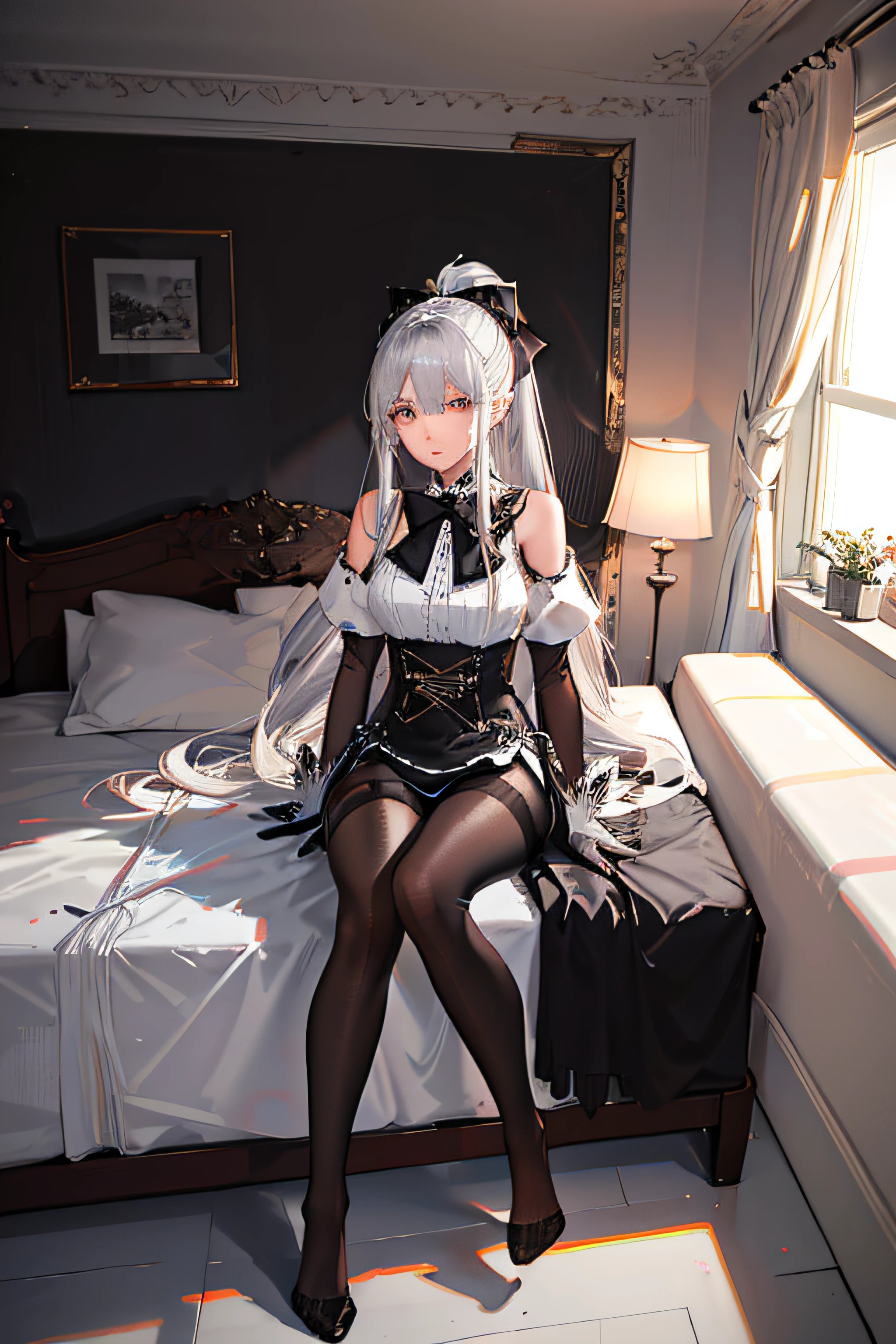 (((1 girl)),ray tracing,(dim lighting),[detailed background (bedroom)),((silver hair)),((silver hair)),(Fluffy silver hair, plump slender girl)) with high ponytail)))) Avoid blonde eyes in the ominous bedroom ((((Girl wears intricately embroidered black high-waisted pants with pantyhose) and white ruffled bow gloves), showing a delicate slim figure and graceful curves, correct limbs, sitting on the bed