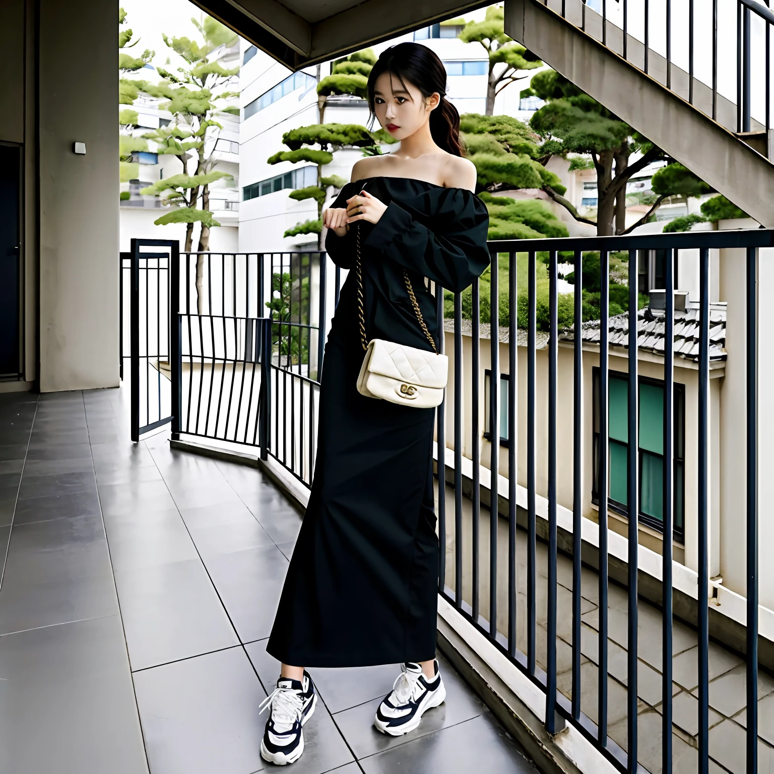 À la Fed woman in long black dress and white shoes standing on balcony, in Tokyo under, simple style, Chanel Chain Handbags、Full body!!, Styling, long-one-piece dress, full_Body!!, full body length, dressed with long fluent clothes, she is wearing streetwear, 🚿🗝📝, Asymmetry!!, High boots, Long skirt, advertisement picture