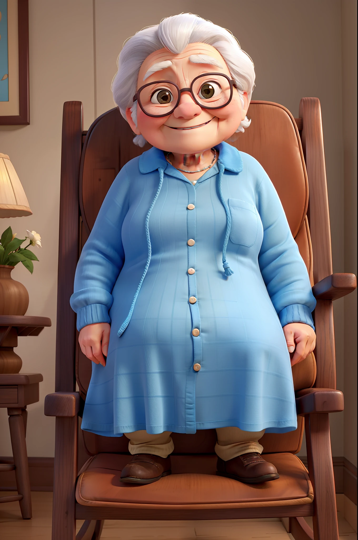 An old woman in a plain shirt and blue sweater sits in a rocking chair,Full body photo,Happy smile,Fat Chubby,kind,tmasterpiece