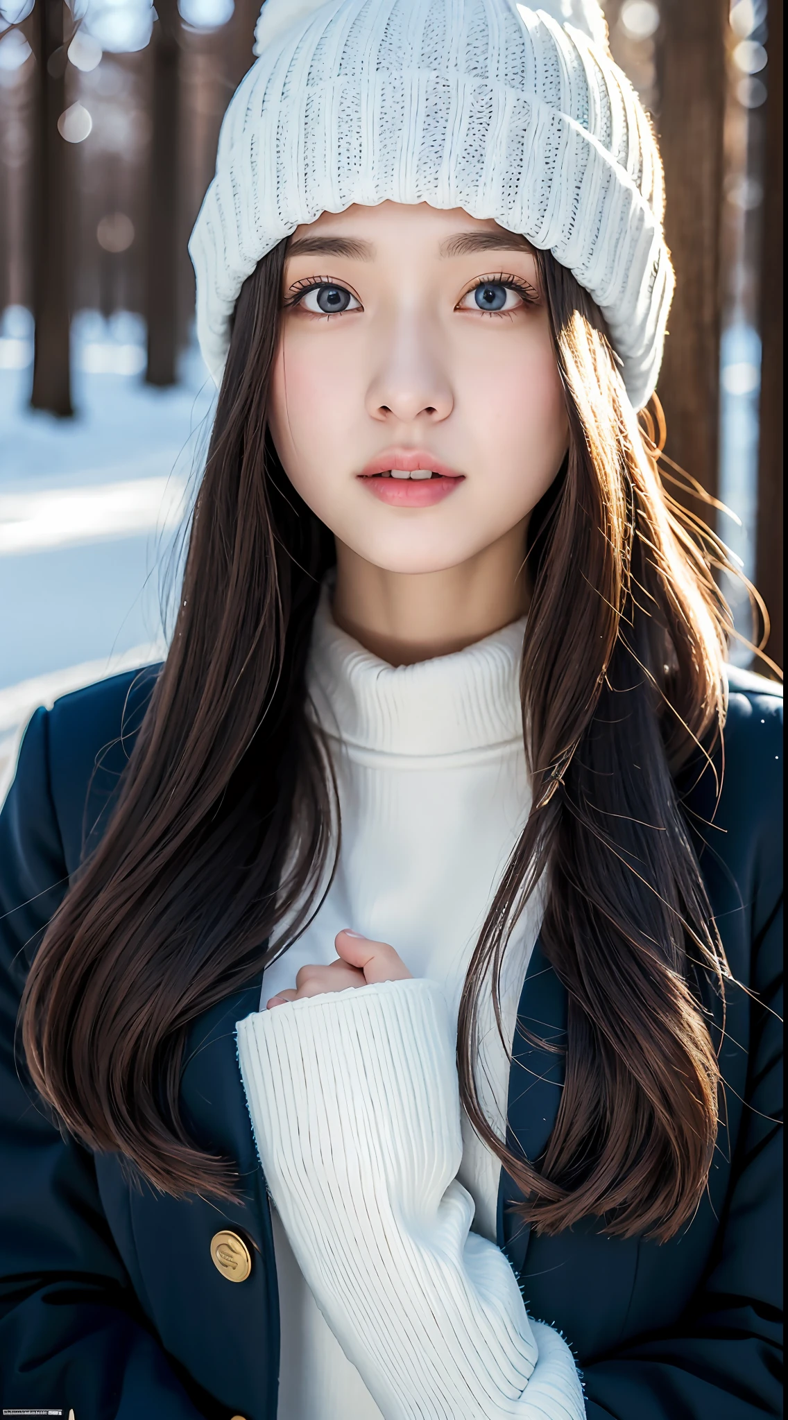 ulzzang-6500-v1.1, (raw photo:1.2), (photorealistic:1.4), beautiful detailed girl, very detailed eyes and face, beautiful detailed eyes, ridiculous, incredibly ridiculous, huge file size, super detailed, high resolution, very detailed, best quality, masterpiece, kemomimi, ((Japanese girls' the Winterswear and Beanie)), illustration, very detailed, CG, unified, 8k wallpaper, amazing, Fine details, masterpiece, best quality, very detailed CG uniform 8k wallpaper, light on face, cinematic lighting, 1girl, 16 years old, ((dynamic pose)), winter background with snow,