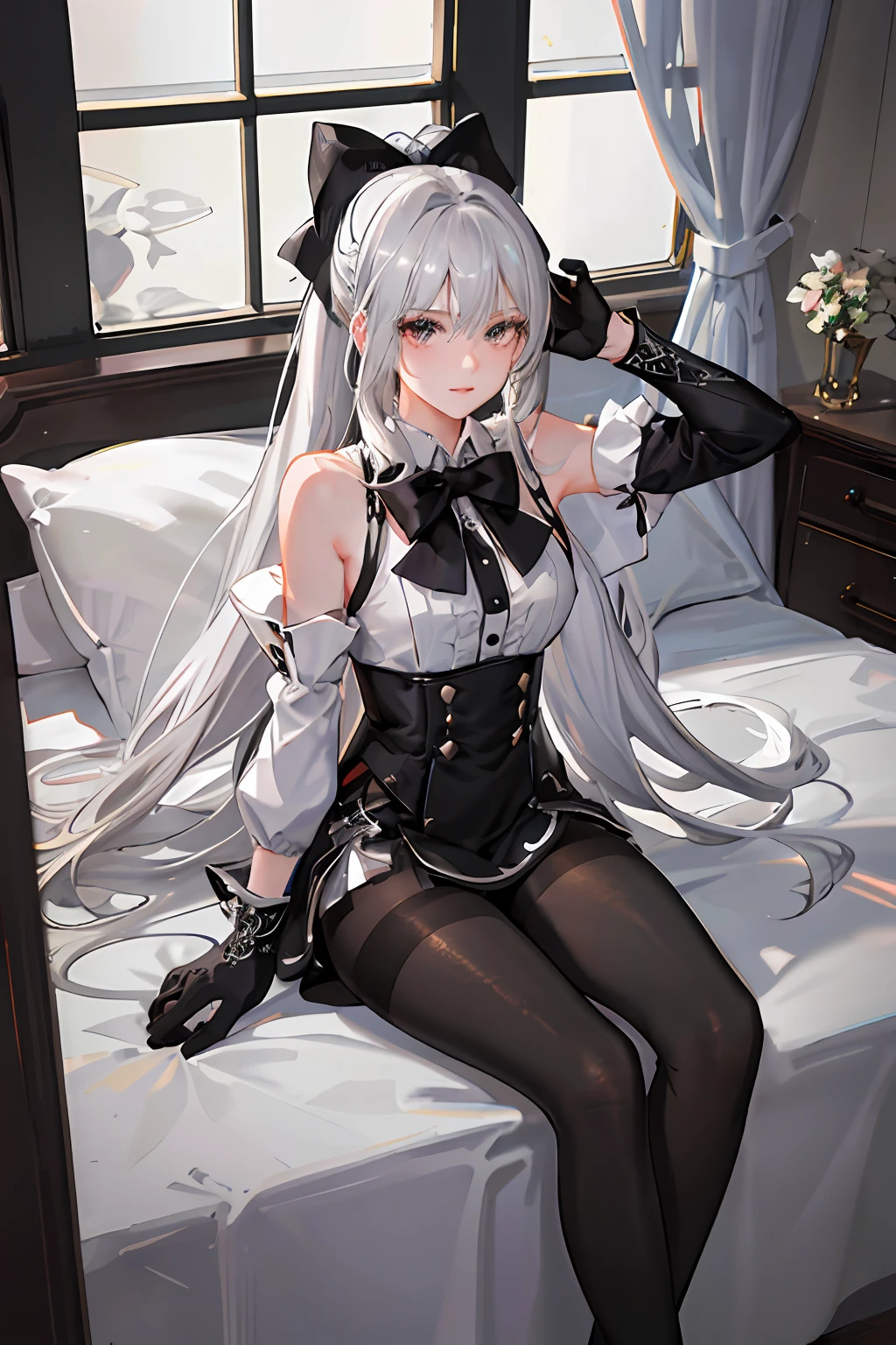 (((1 girl)),ray tracing,(dim lighting),[detailed background (bedroom)),((silver hair)),((silver hair)),(Fluffy silver hair, plump slender girl)) with high ponytail)))) Avoid blonde eyes in the ominous bedroom ((((Girl wears intricately embroidered black high-waisted pants with pantyhose) and white ruffled bow gloves), showing a delicate slim figure and graceful curves, correct limbs, sitting on the bed