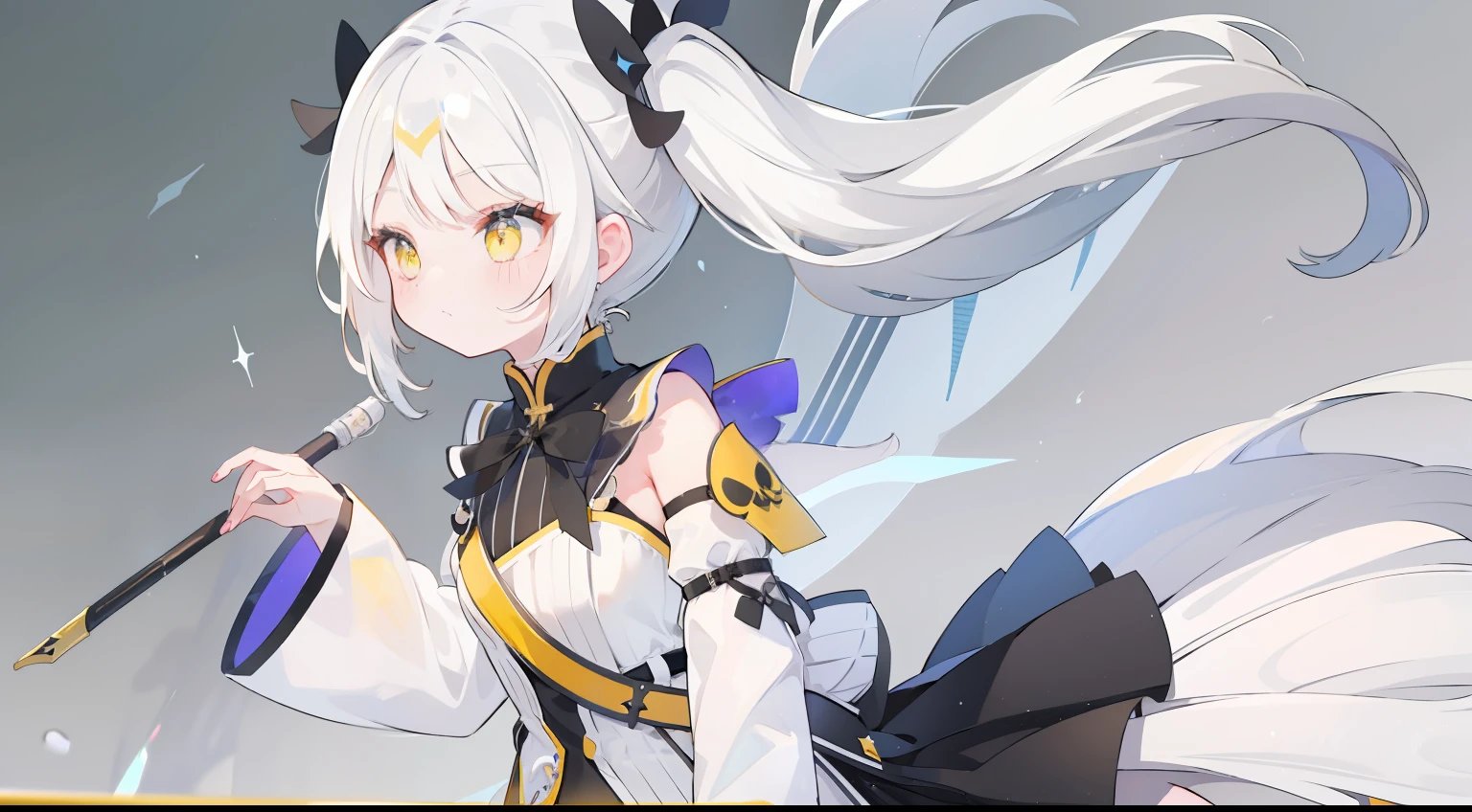 One girl、Angle from the side、white  hair、Half Twin Tail、yellow  eyes、​masterpiece、top-quality、Top image quality、Long skirt、pleatedskirt、Solid color background、Gradient background、stele、black ribbon on the head、