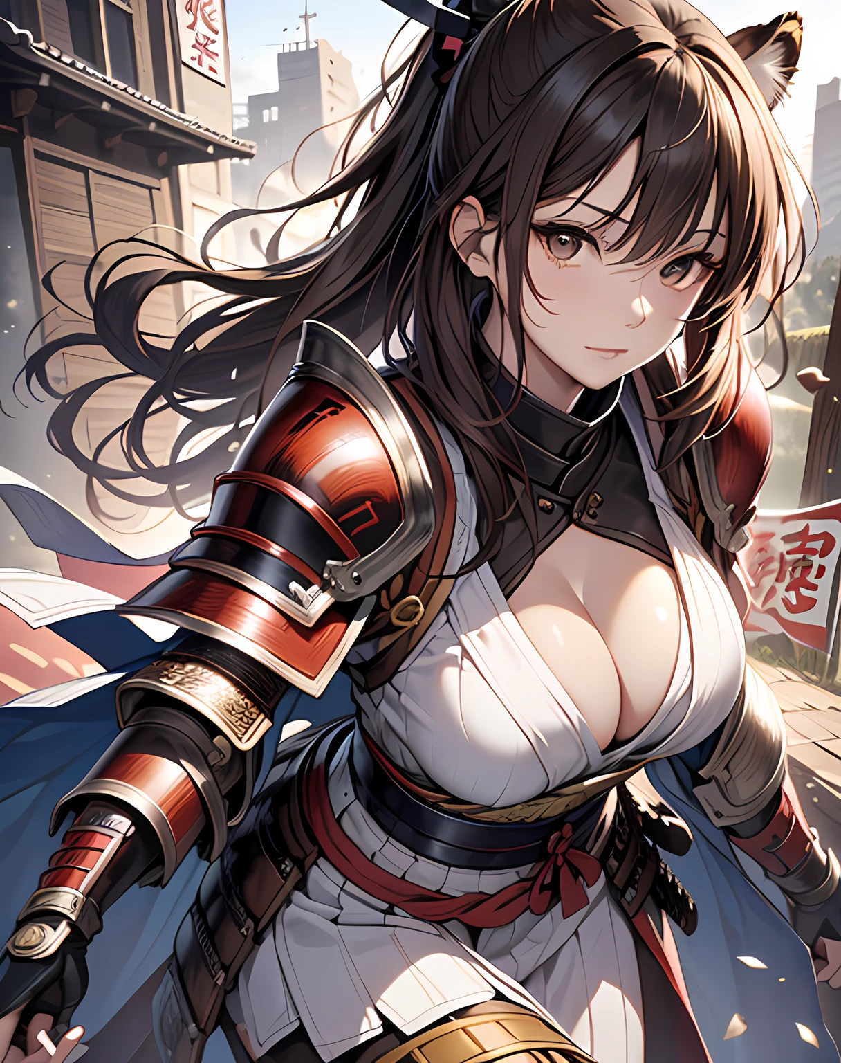 photo realistic, anime style, (8k, RAW photo, best quality, masterpiece:1.2), High detail RAW color photo, professional photograph, cowboy shot, (realistic, photo realistic:1.37),cinematic light, (finery detailed face:1.2), cowboy shot, thigh 1 girl, 18-28 years old, very cute, very beautiful, photo realistic, event companion, BREAK, white skin, real human skin, (detailed face), oval face, pores, ultra high res, BREAK, slim, (medium-large-breast:1.37, cleavage:1.37), (looking straight at viewer with a serene and goddess-like happiness:1.2), (lifter gloss, eyelashes, gloss-face, best quality, ultra highres, Broad lighting, natural shading), (beautiful thin long hair, pony-tail:1.3, brown hair),, BREAK, 1 woman, elegant beauty, radiant skin, (Maeda Keiji costume:1.3), (warring-states-era:1.4), solo, (eccentric-fashion:1.2), (tiger-pattern-accent:1.3) (samurai-armor:1.5), detailed traditional clothing, (style-sengoku:1.3), detailed face expression, (style-dynamic:0.8), standing pose, holding katana, determined expression, (background: battlefield), (style-battle-ready:0.9), historical atmosphere, armor details, detailed background, (style-wafuku:0.9), powerful aura,