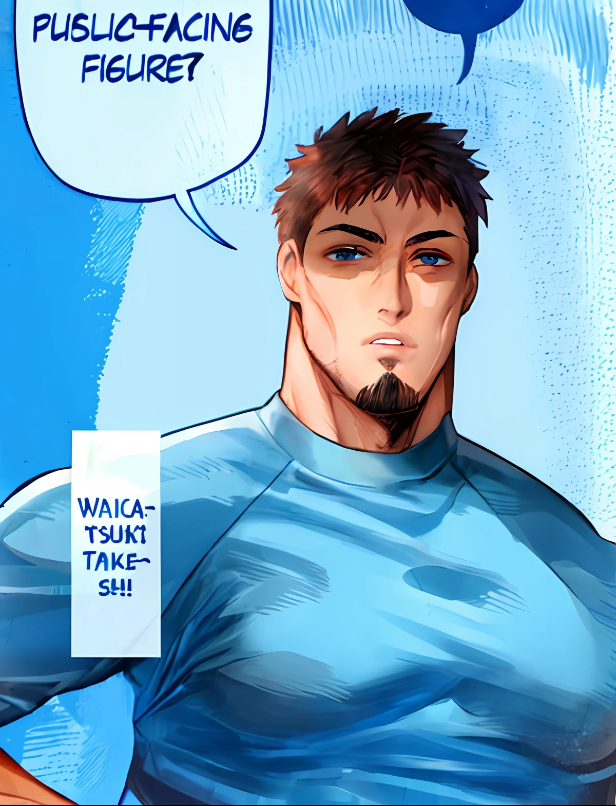 Hombre musculoso de cabello claro, ojos azules, camiseta azul, musculoso, fondo blanco.