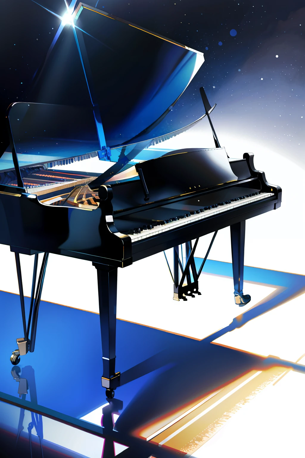 Transparent piano，The ground is a mirror that refracts blue light and shadow，high-definition picture quality，HD，rendering