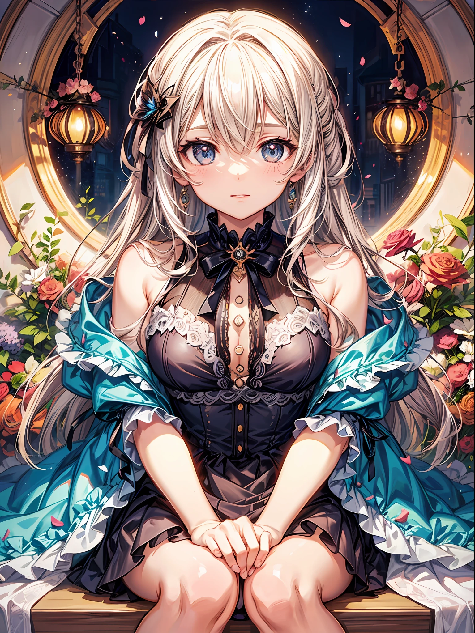 a woman sitting on a bench with flowers in her hair, cute anime waifu in a nice dress, detailed key anime art, loli in dress, kawacy, light novel cover art, shadowverse style, detailed digital anime art, beautiful anime art, epic light novel art cover, detailed anime artwork, high detailed official artwork, anime goddess, detailed anime art