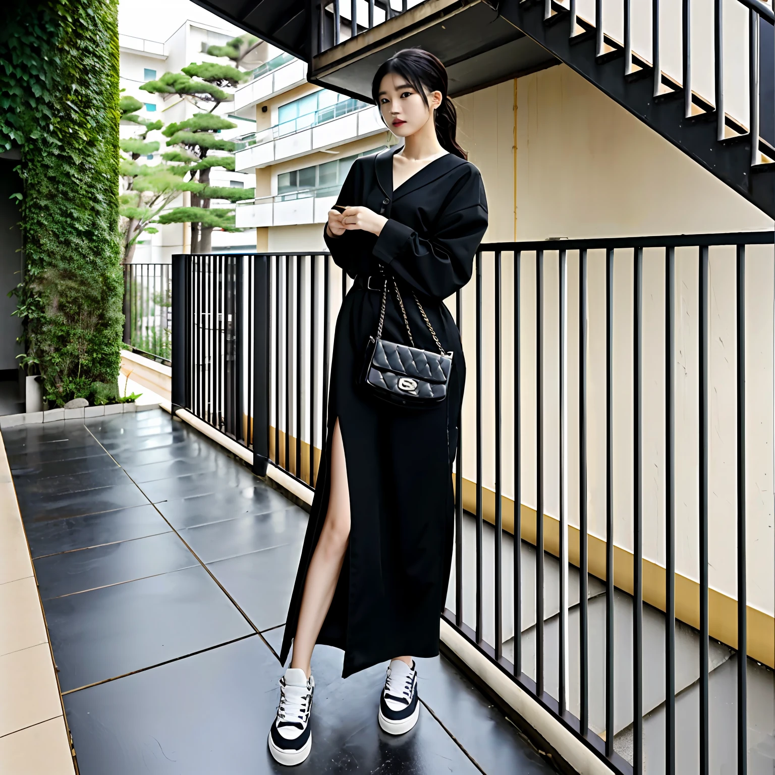 À la Fed woman in long black dress and white shoes standing on balcony, in Tokyo under, simple style, Chanel Chain Handbags、Full body!!, Styling, long-one-piece dress, full_Body!!, full body length, dressed with long fluent clothes, she is wearing streetwear, 🚿🗝📝, Asymmetry!!, High boots, Long skirt, advertisement picture