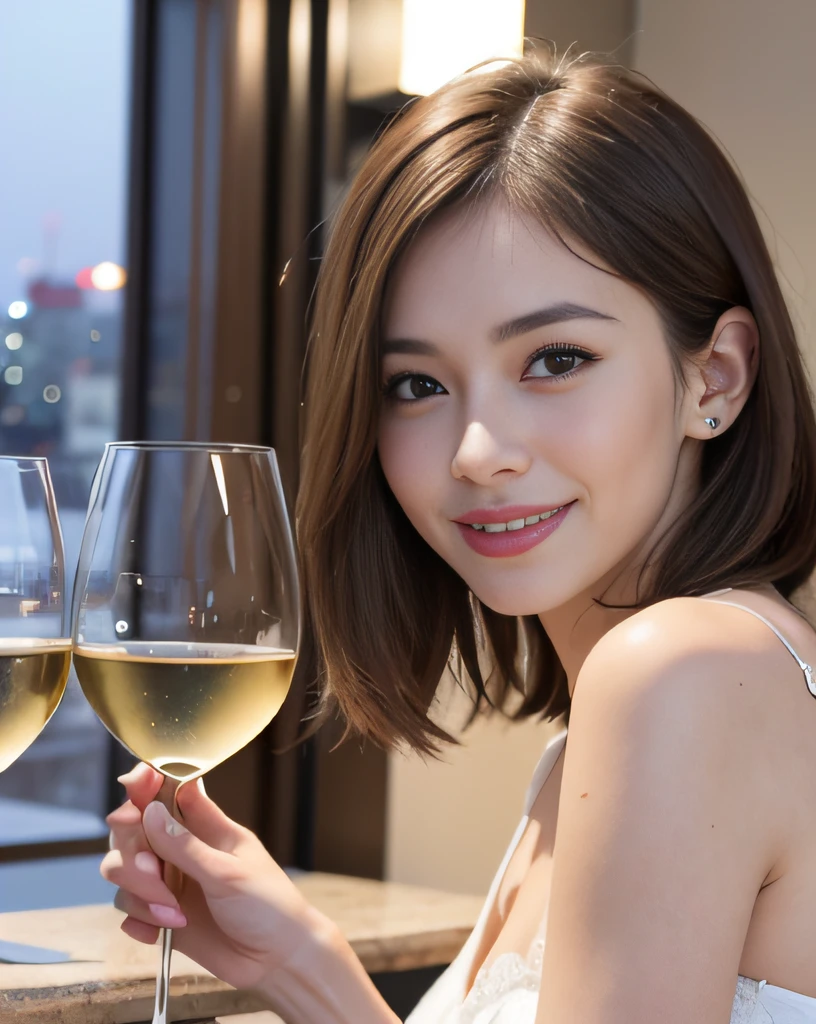 (64K, UHD, top quality, masterpiece: 1.2), (realistic, photorealistic: 1.37), super detailed, pretty woman 1 person, (slim face), (slim body), (brown hair), (short cut), cheeks slightly blushing, (44 years old), 38 years old, solo, beautiful detailed urban night view outside the window, restaurant, wine glasses sit, at night, in a prominent placeNovaFrogStyle, Actress, Model, Waist Up, White Wine, Slim, Wine Glass, Super Clean Night View, Wine Glass Put in the Middle, Happy Smile, (Smile: 1.15), Beautiful Fine Eyes, Upper Body, Bust Japan Up, Night, Short, Short, Actress, Model, Waist Up, White Wine, Slim, Wine Glass, Super Clean Night View, Wine Glass Put in the Middle, Happy Smile,