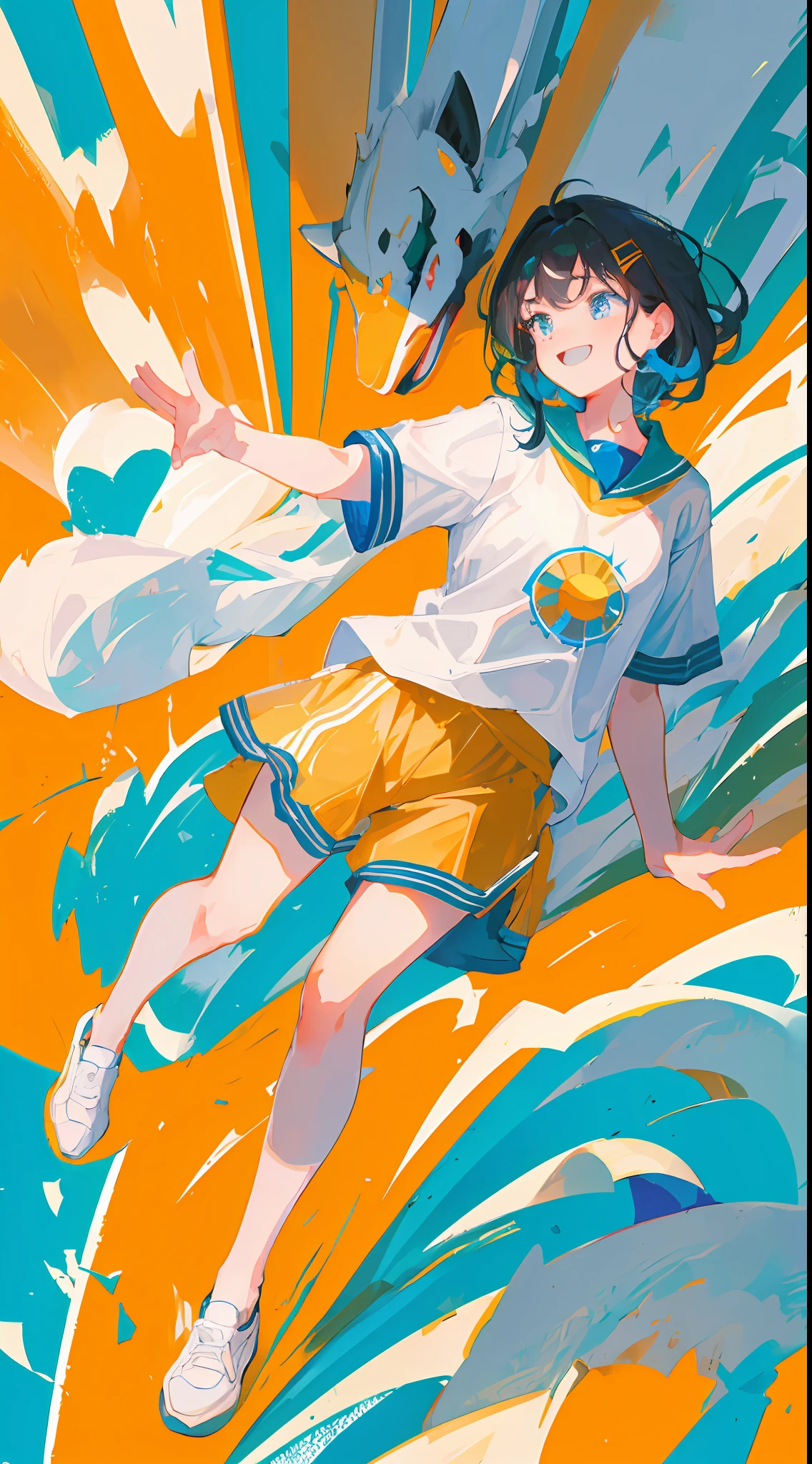 ((Best quality, 8K, Masterpiece: 1.4)),((Amazing detail: 1.3)),((illustration, Hairstyle Casual: 1.2)),((High resolution1.1)), Lively girl,wear basketball uniform,short detailed hair,floated hair,A hearty smile,Sweat on the face,Work up a sweat,and the sun was shining brightly,dynamicposes,Perfect hands,Correct light and shadow,
