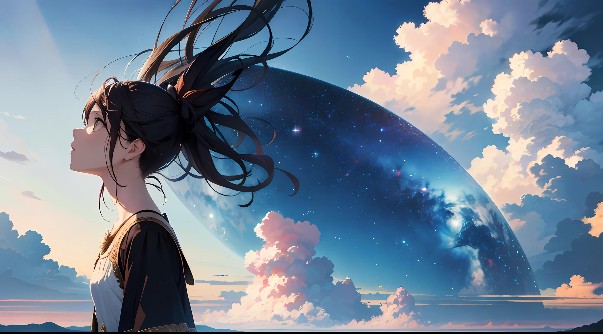 absurdres, highres, (official art, beautiful and aesthetic:1.2), close view,
shining sky, vast world, girl, gazing, awe-inspiring expression, distant horizon, clouds, high hill, natural beauty, inspiration, light effects,