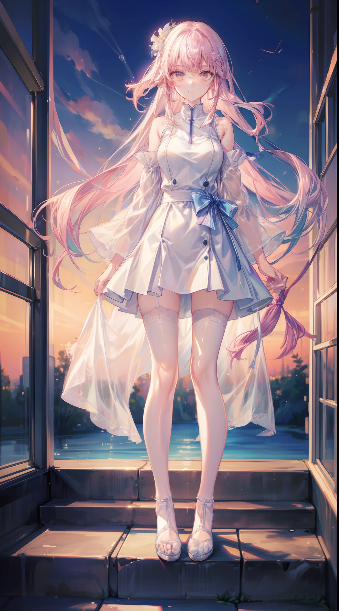 young and cute girl、Tall and tall，Perfect curves，The facial features are delicate and correct，（（（Campus style）））、light pink colored hair、Long silky hair，tmasterpiece、Top image quality、top-quality、Wear JK，Dusk sunset，Beautiful composition，Slender beautiful legs，white stockings，Happy smile，（Artist painting，Makoto Shinkai's works），Full body like，depth of fields，