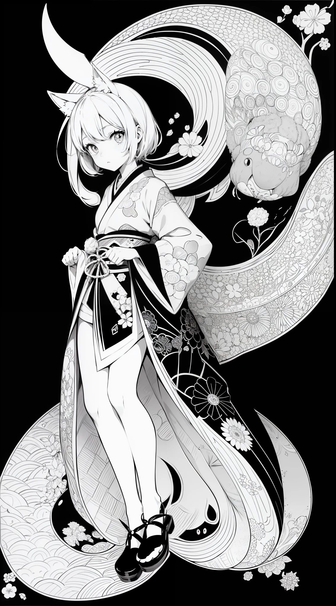 Japanese Anime Kawaii coloring pages in black and white for children. Easy to color for kids. Japanese line art