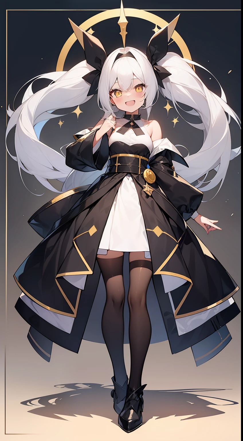 One girl、Remove hands、white hair、full body Esbian、Single-color background、stele、Gradient background、cute little、Twin-tailed、black ribbon on the head、yellow eyes、masterpiece、Top image quality、top-quality、Laugh、double tooth、Smile