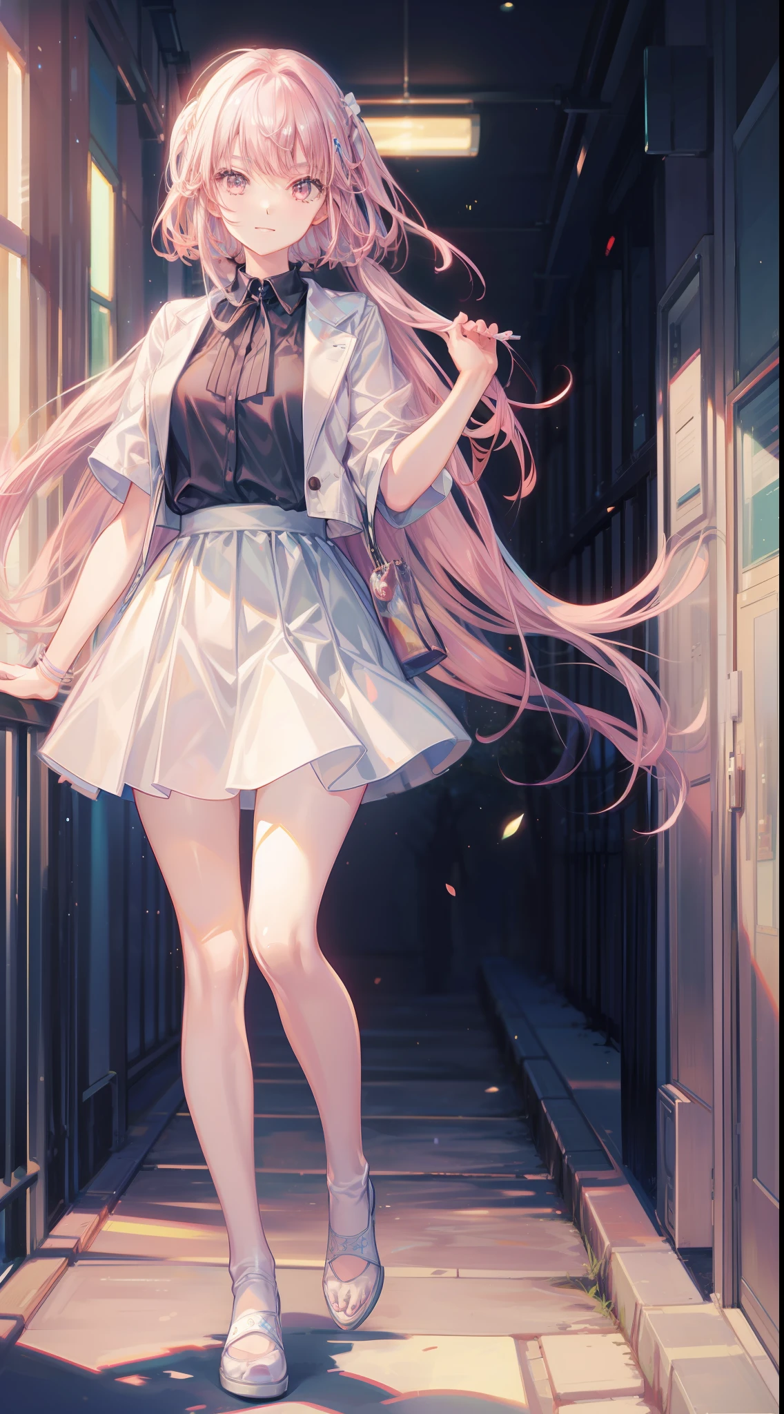 young and cute girl、Tall and tall，Perfect curves，The facial features are delicate and correct，（（（Campus style）））、light pink colored hair、Long silky hair，tmasterpiece、Top image quality、top-quality、Wear JK，Dusk sunset，Beautiful composition，Slender beautiful legs，white stockings，Happy smile，（Artist painting，Makoto Shinkai's works），Full body like，depth of fields，