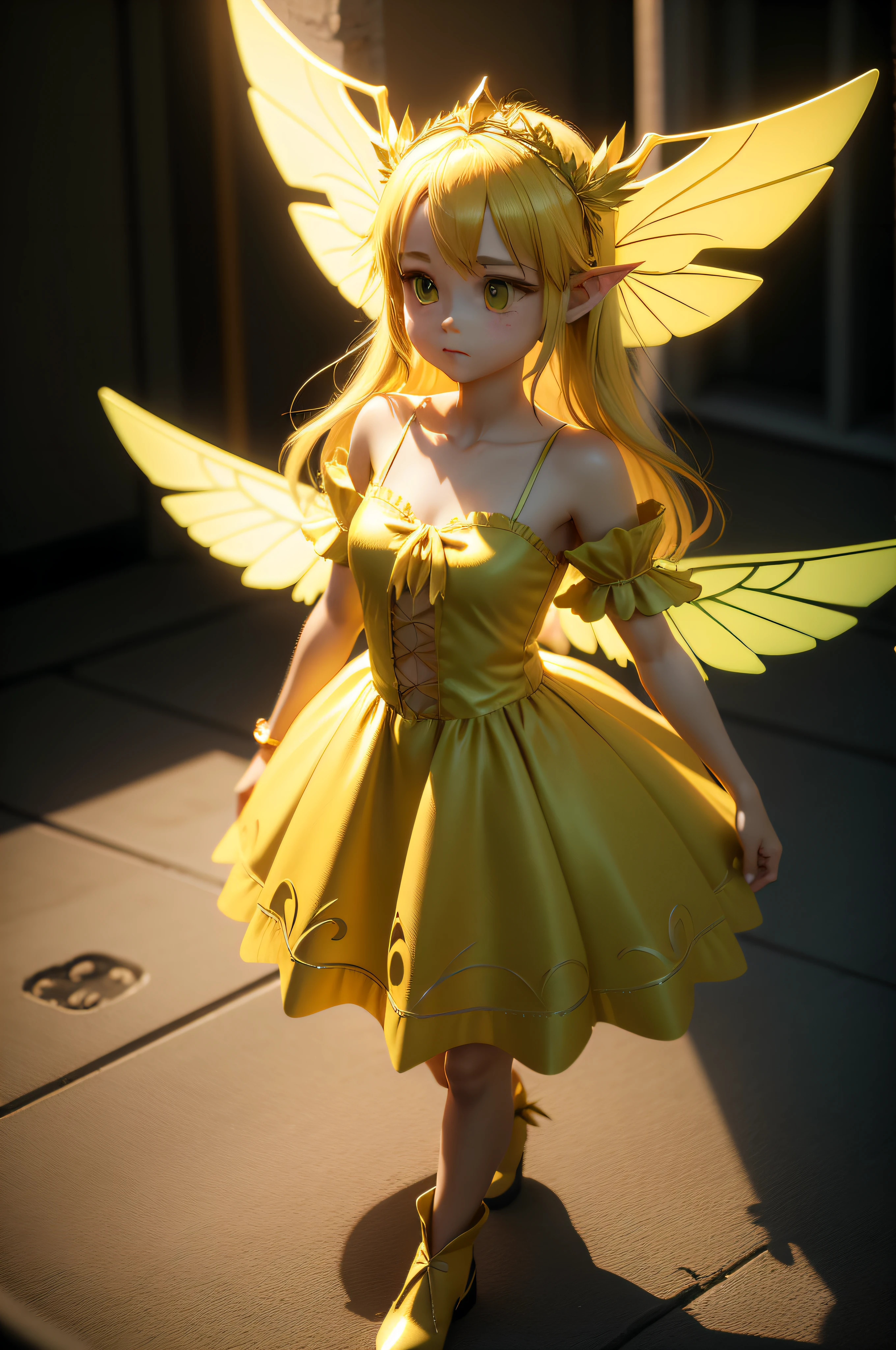 Game CG 3D Fairy Girl Aesthetic Wearing a green dress Golden yellow wings on the back Golden yellow headdress Full body photo Simple monochrome picture in the background