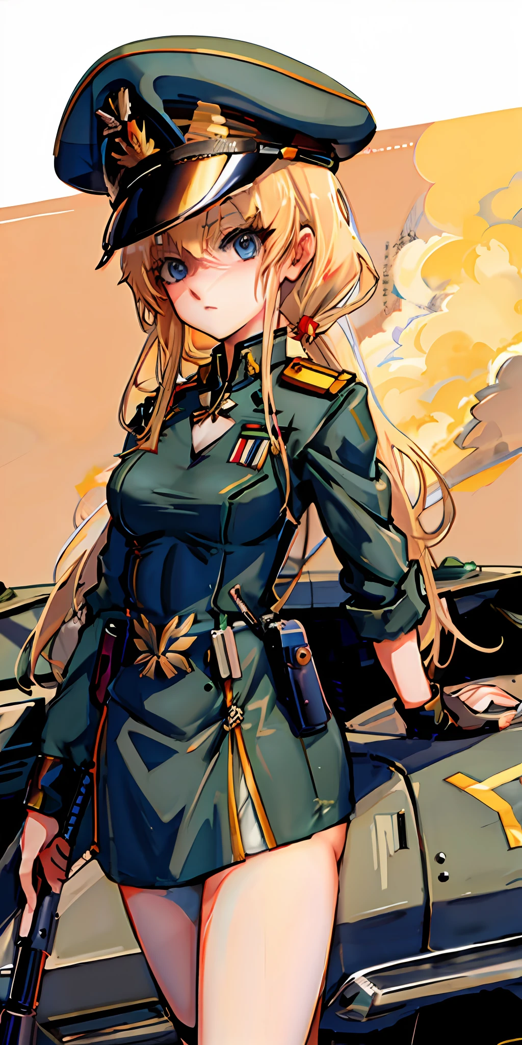 Anime girl in uniform，with gun, Female protagonist ，Blue-eyed blonde hair, Frenchman，soldier girl, mechanized soldier girl,Lori huge breasts cleavage，Petite body,  Anime military, Fanart, military girl, blond girl,Anime girl in uniform with gun background, chiquita，blond hairbl, Frenchman，***********，soldier girl, mechanized soldier girl,Lori huge breasts cleavage，Petite body,  Anime military, Fanart, military girl, blond girl,battlefiled，Young Girls War