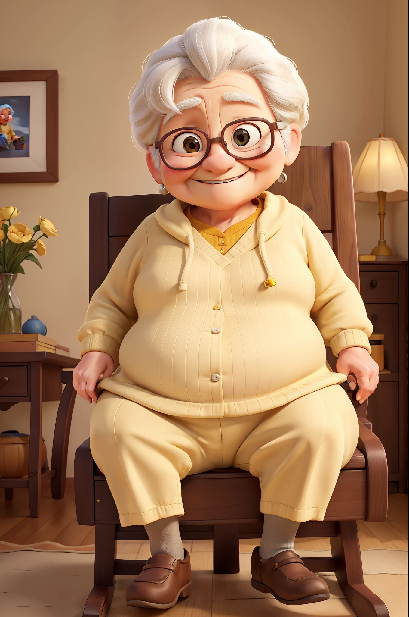 An old woman in a plain shirt and yellow sweater sits in a rocking chair，Full body photo，Happy smile，Fat Chubby，kind，tmasterpiece