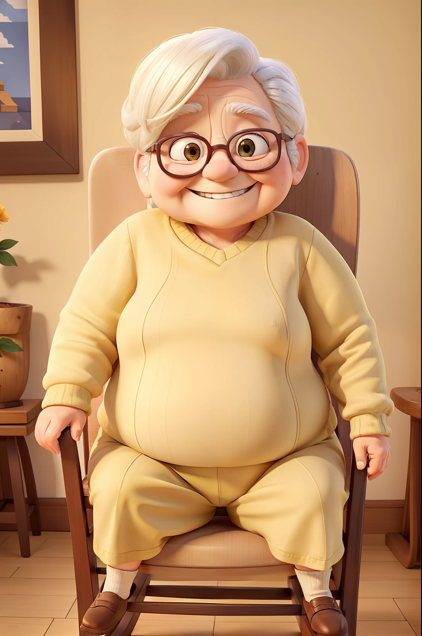 An old woman in a plain shirt and yellow sweater sits in a rocking chair，Full body photo，Happy smile，Fat Chubby，kind，tmasterpiece