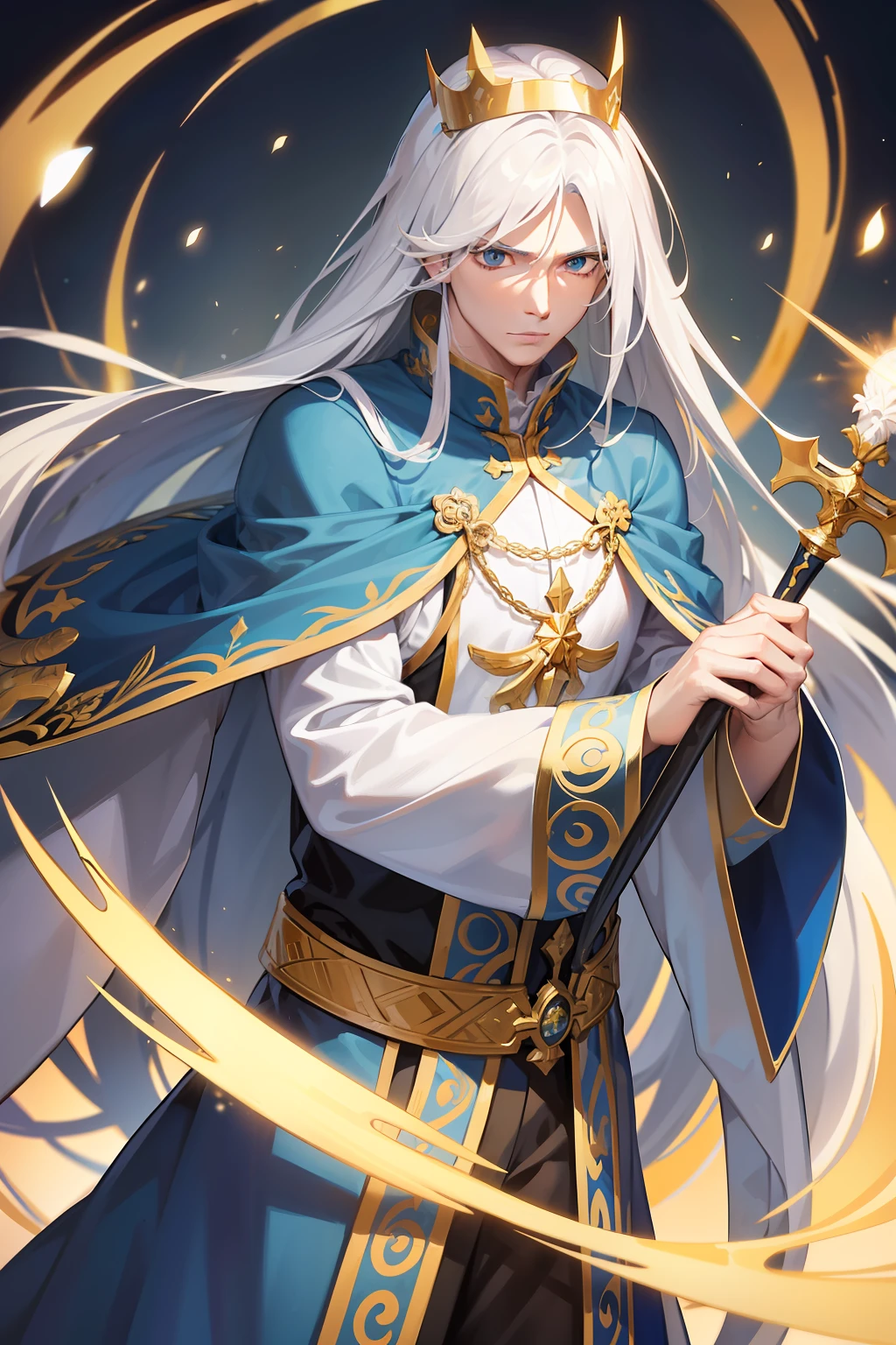 Masterpiece, Best quality, Pope of the Holy Church,1 man, Mature man, Catholic, White hair like a spring, Aqua blue eyes, Split ends of hair, Long hair, Long bangs, Handsome, Diao noodles, European crown, Handsome, Masculine, Serious, gentle, Tall, calm, Blue and gold alternating clothing, Gold pattern, Ornate accessories of the Holy See, Magic Swordsman, Gorgeous longsword, Side, Facial details, The face is delicate
