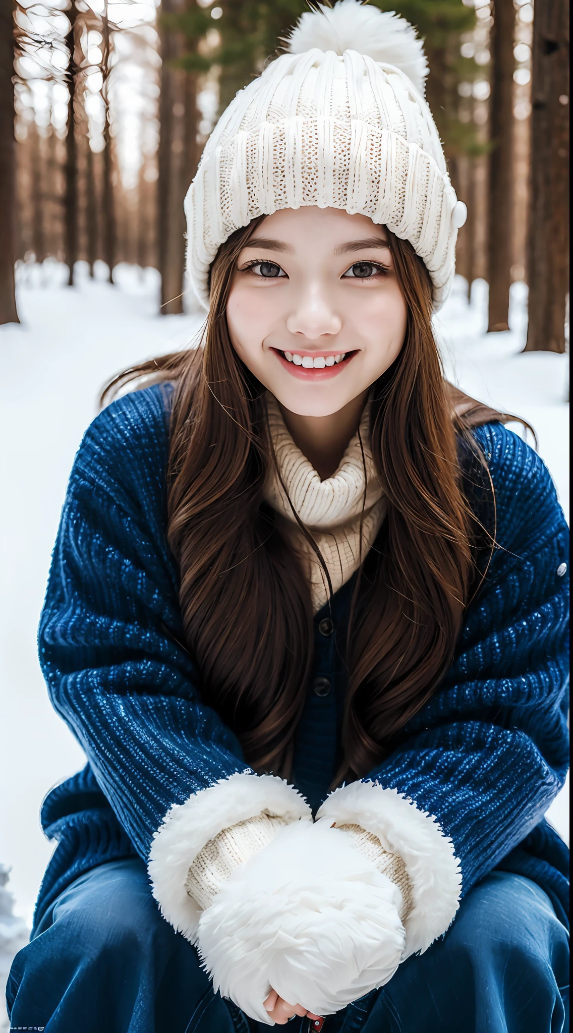 ulzzang-6500-v1.1, (raw photo:1.2), (photorealistic:1.4), beautiful detailed girl, very detailed eyes and face, beautiful detailed eyes, ridiculous, incredibly ridiculous, huge file size, super detailed, high resolution, very detailed, best quality, masterpiece, kemomimi, ((Japanese girls' the Winterswear and Beanie)), illustration, very detailed, CG, unified, 8k wallpaper, amazing, Fine details, masterpiece, best quality, very detailed CG uniform 8k wallpaper, light on face, cinematic lighting, 1girl, , light smile, full body, sitting on rotten wood,((dynamic pose)), winter background with snow, play with snow,