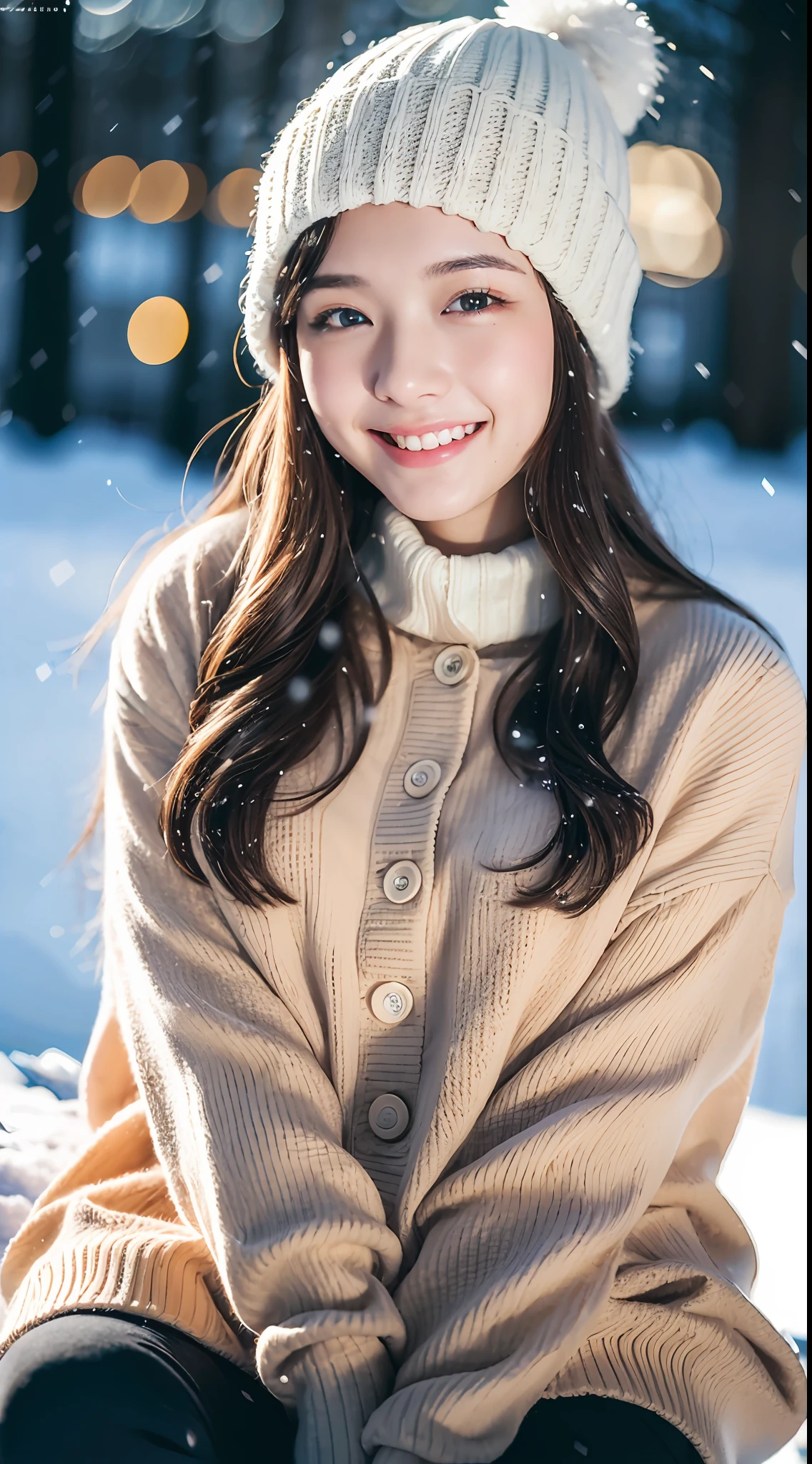 ulzzang-6500-v1.1, (raw photo:1.2), (photorealistic:1.4), beautiful detailed girl, very detailed eyes and face, beautiful detailed eyes, ridiculous, incredibly ridiculous, huge file size, super detailed, high resolution, very detailed, best quality, masterpiece, kemomimi, ((Japanese girls' the Winterswear and Beanie)), illustration, very detailed, CG, unified, 8k wallpaper, amazing, Fine details, masterpiece, best quality, very detailed CG uniform 8k wallpaper, light on face, cinematic lighting, 1girl, 16 years old, light smile, full body, sitting on rotten wood,((dynamic pose)), winter  background with snow, play with snow,